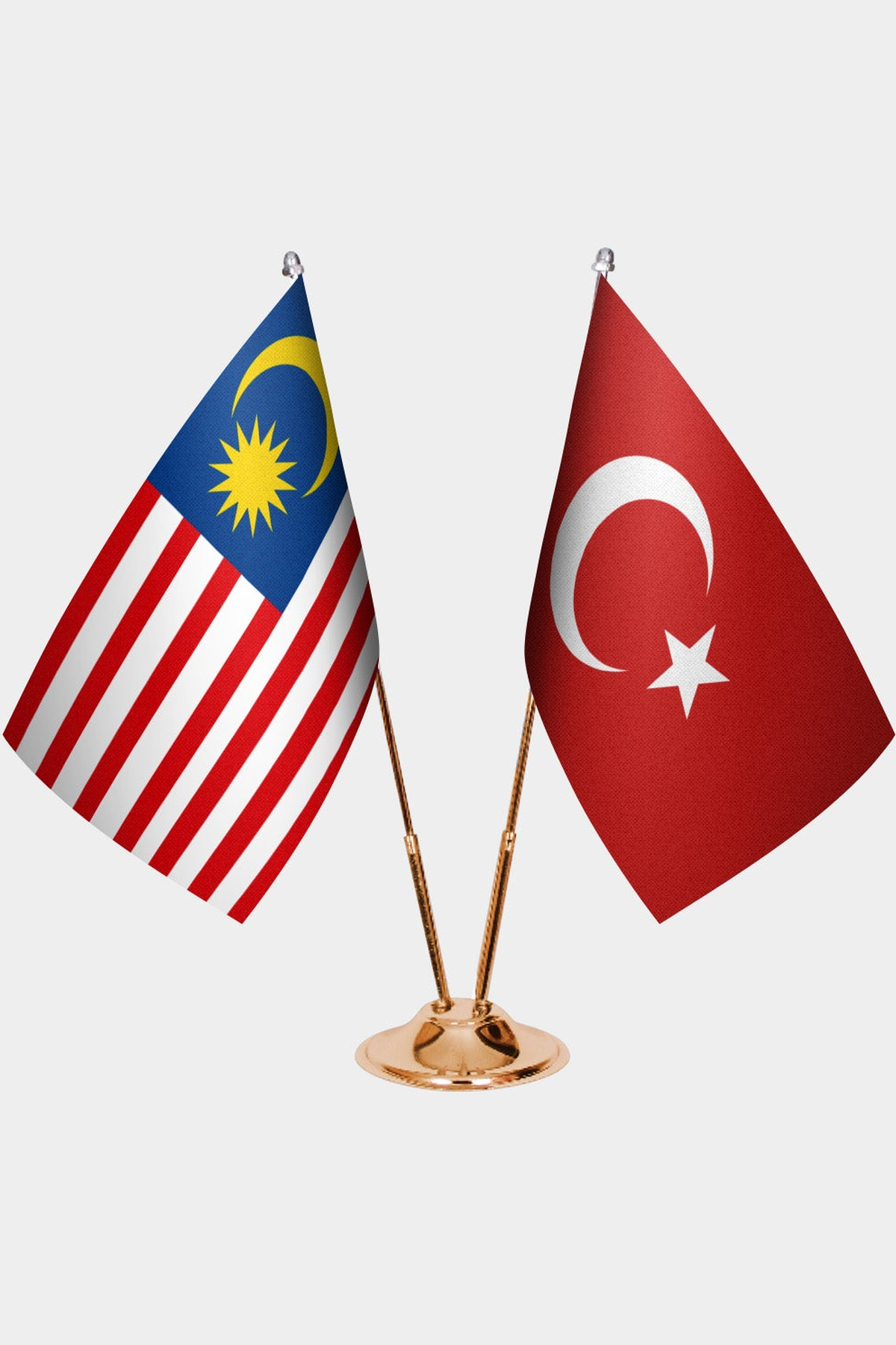 Malaysia and Türkiye dual desk flag set with gold pedestal, satin office table flag