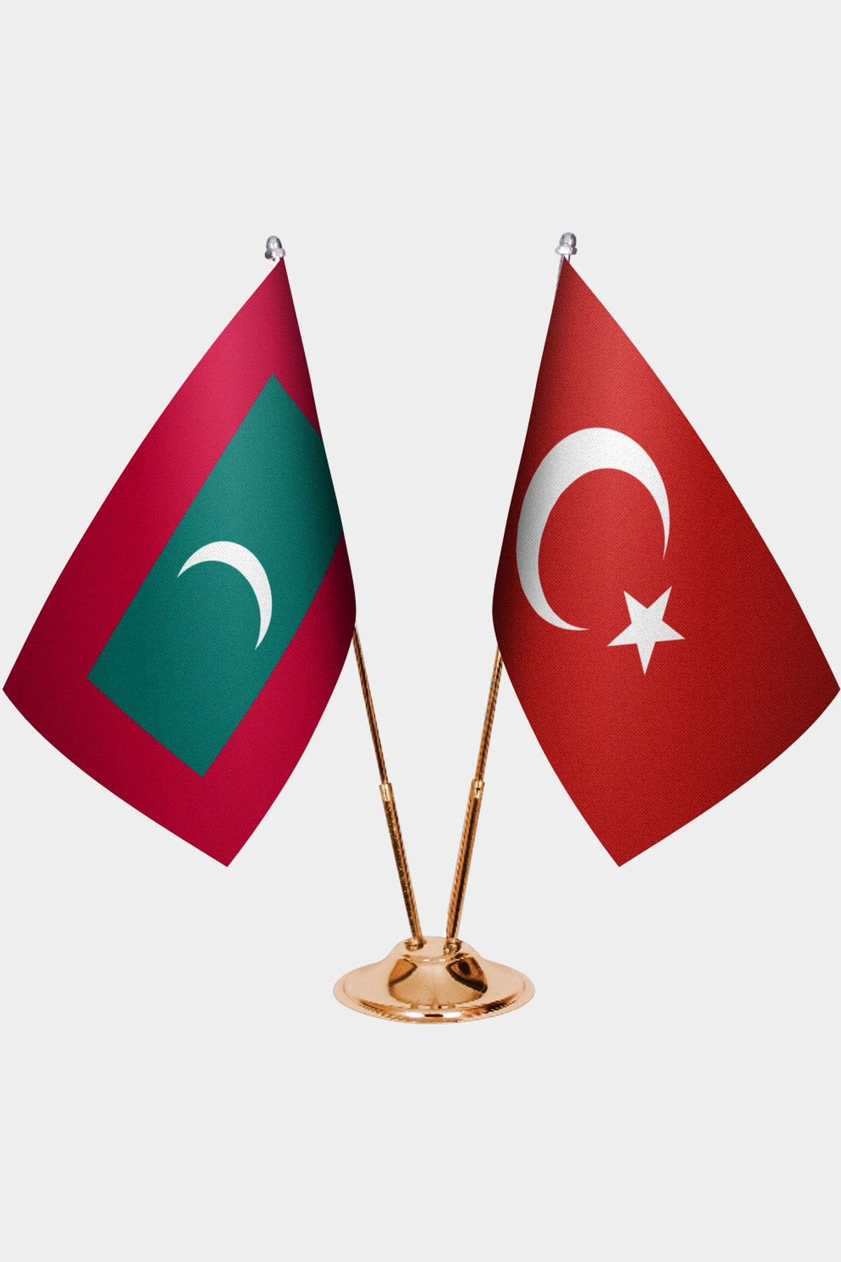 Maldives and Türkiye dual desk flag set with gold pedestal, satin office table flag