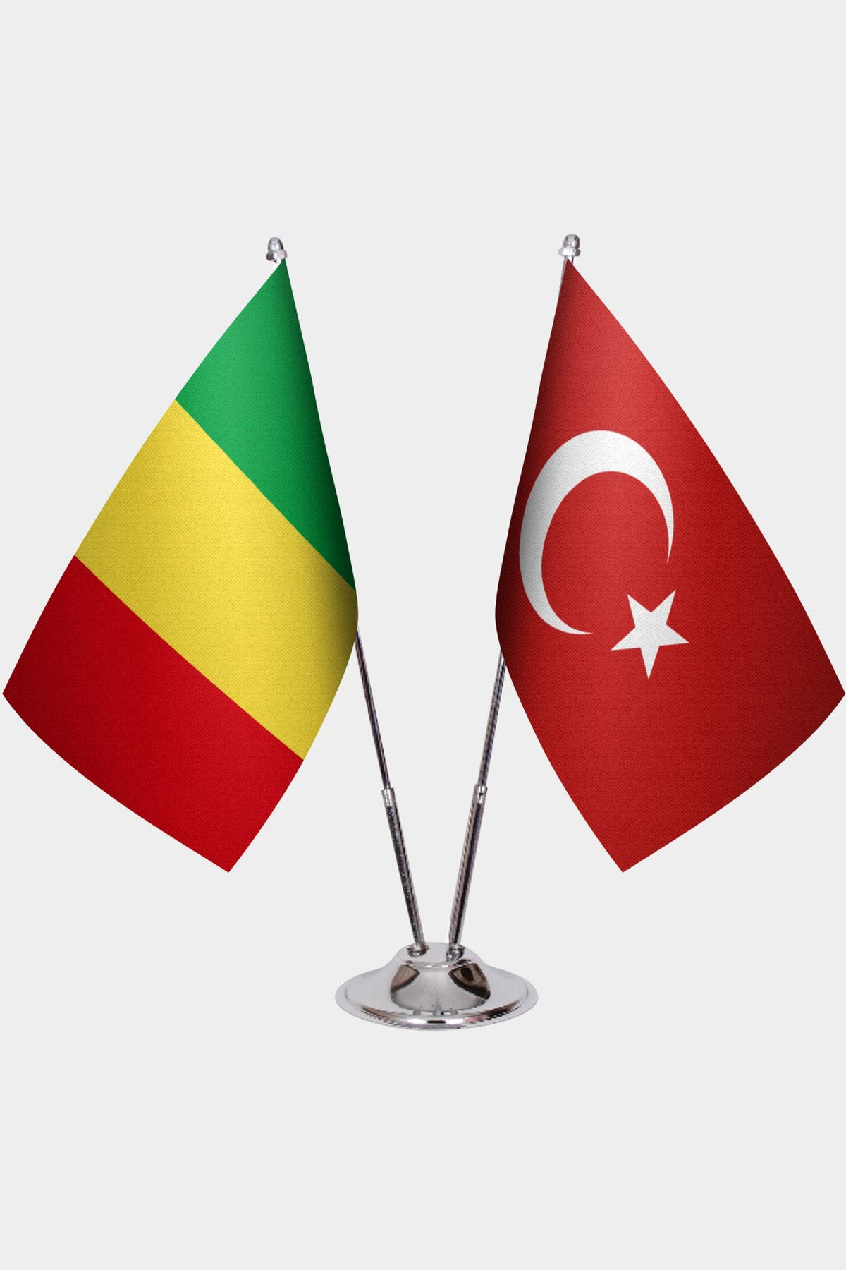 Mali and Türkiye dual desk flag set with chrome silver pedestal, satin office table flag
