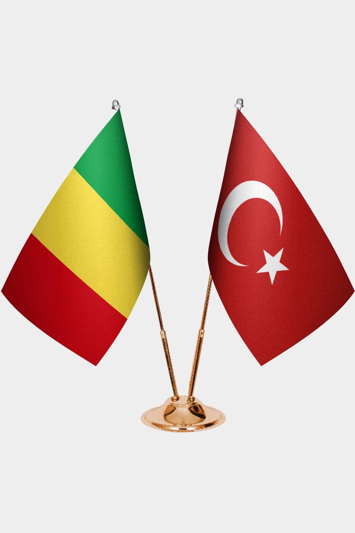 Mali and Türkiye dual desk flag set with gold pedestal, satin office table flag