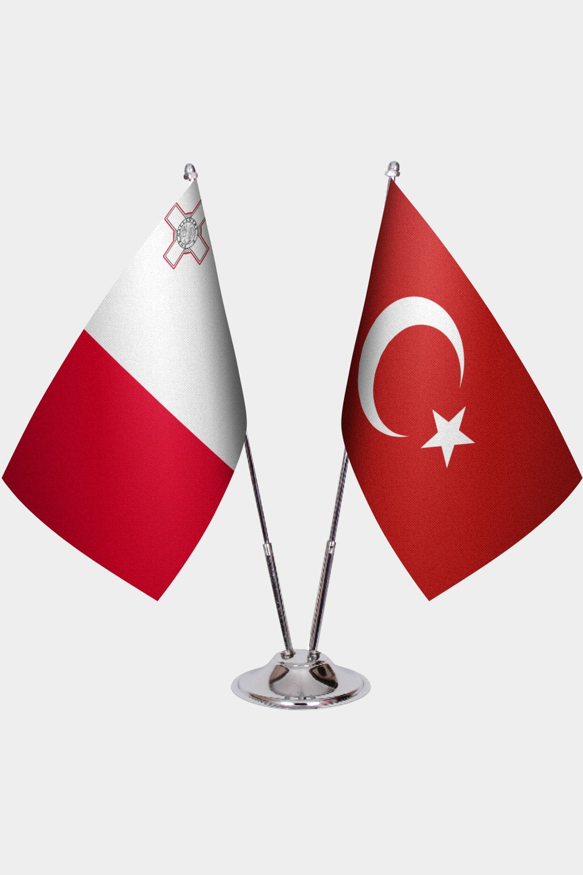 Malta and Türkiye dual desk flag set with chrome silver pedestal, satin office table flag