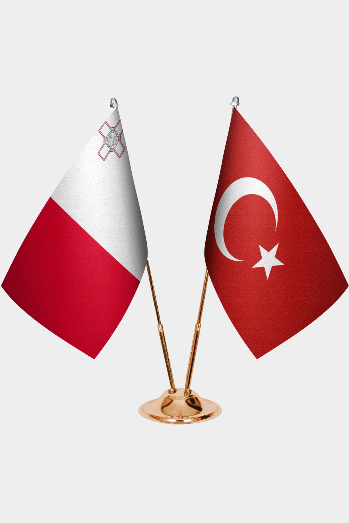 Malta and Türkiye dual desk flag set with gold pedestal, satin office table flag