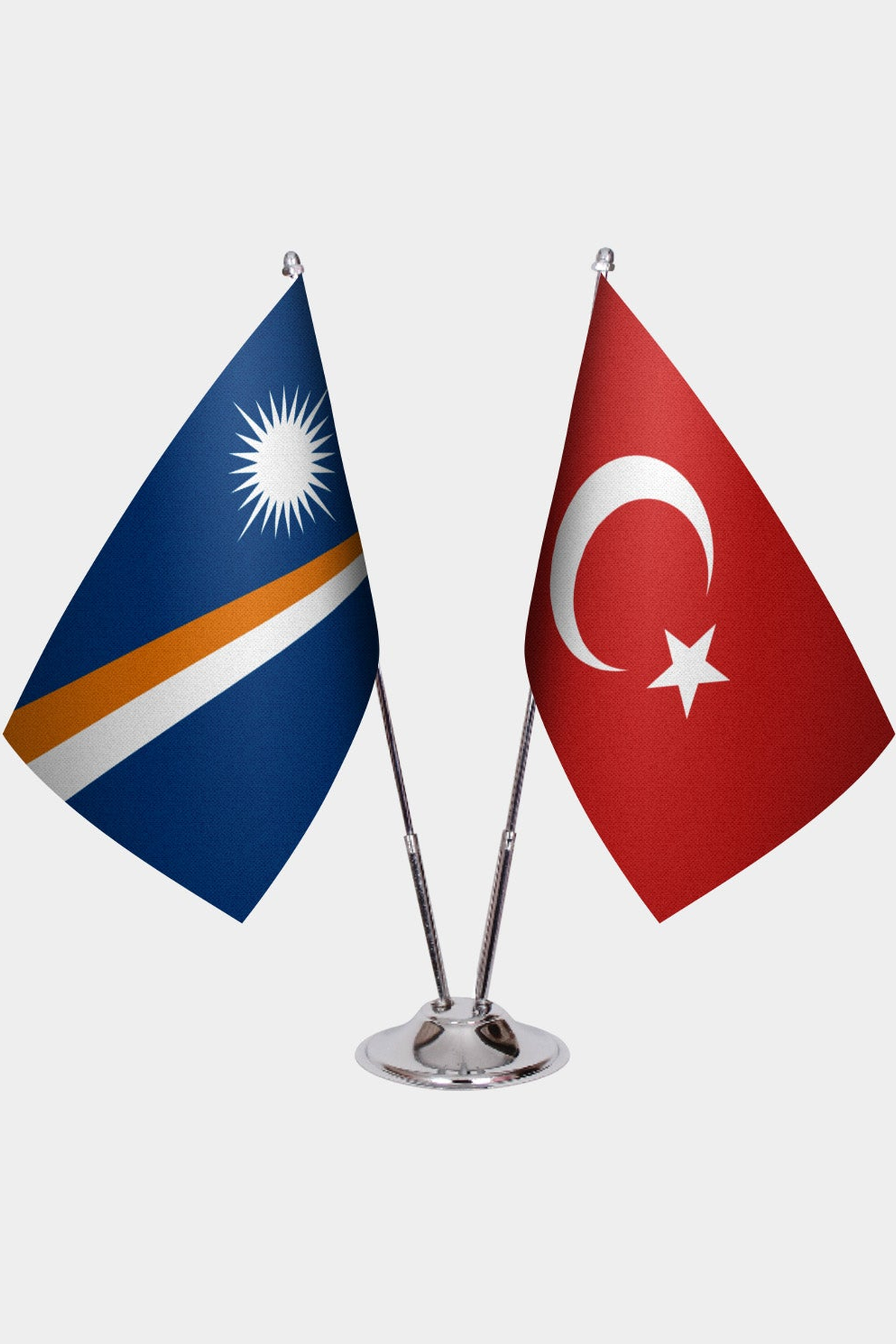 Marshall Islands and Türkiye dual desk flag set with chrome silver pedestal, satin office table flag