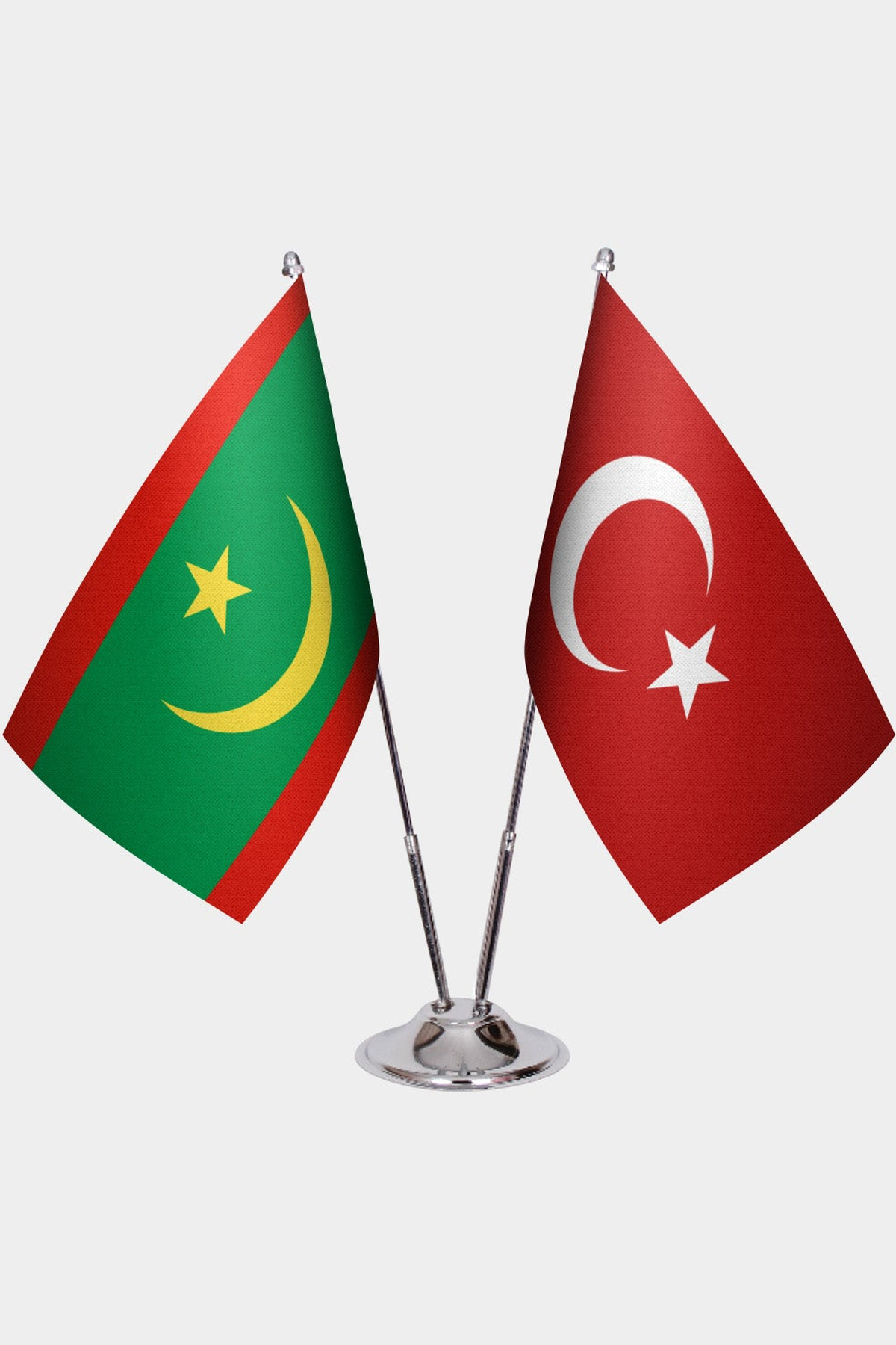 Mauritania and Türkiye dual desk flag set with chrome silver pedestal, satin office table flag