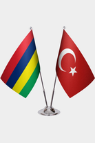 Mauritius and Türkiye dual desk flag set with chrome silver pedestal, satin office table flag
