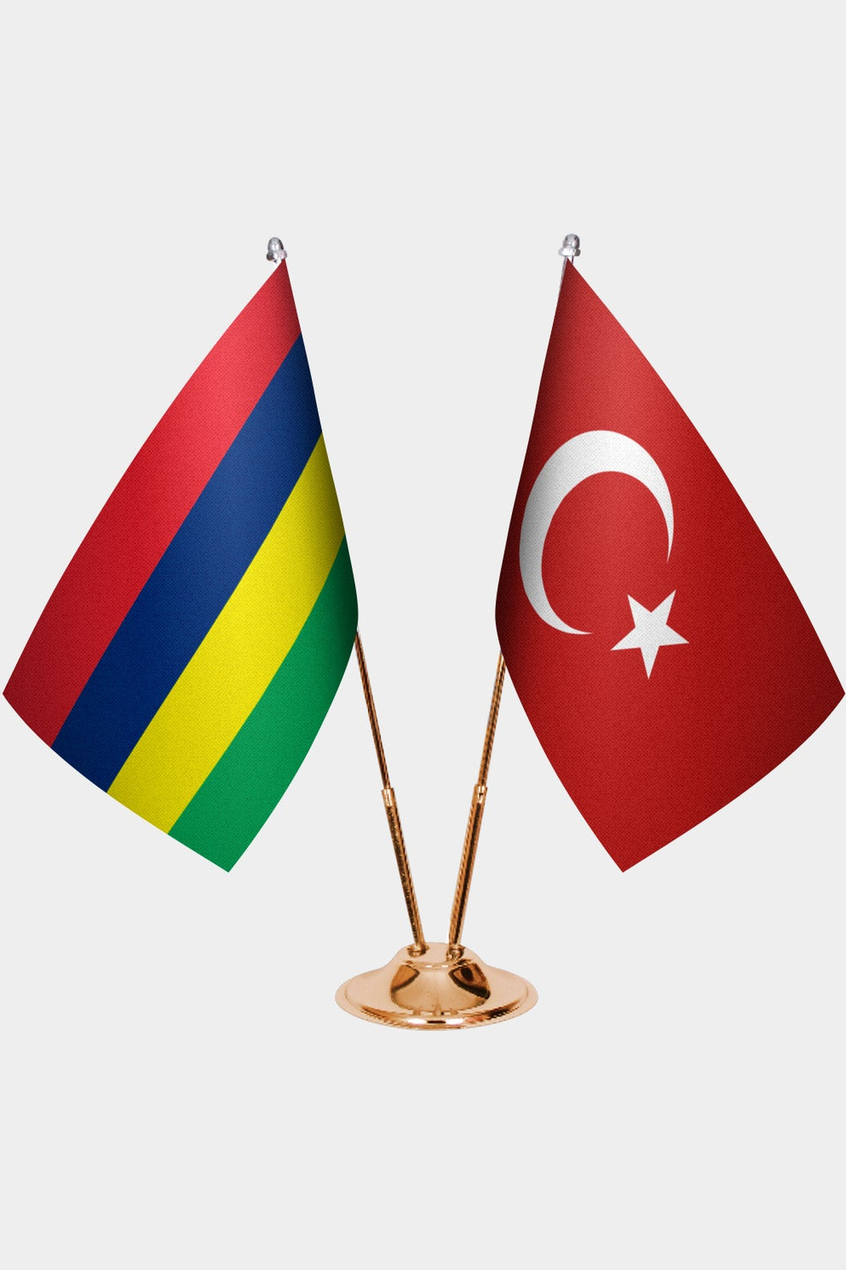 Mauritius and Türkiye dual desk flag set with gold pedestal, satin office table flag