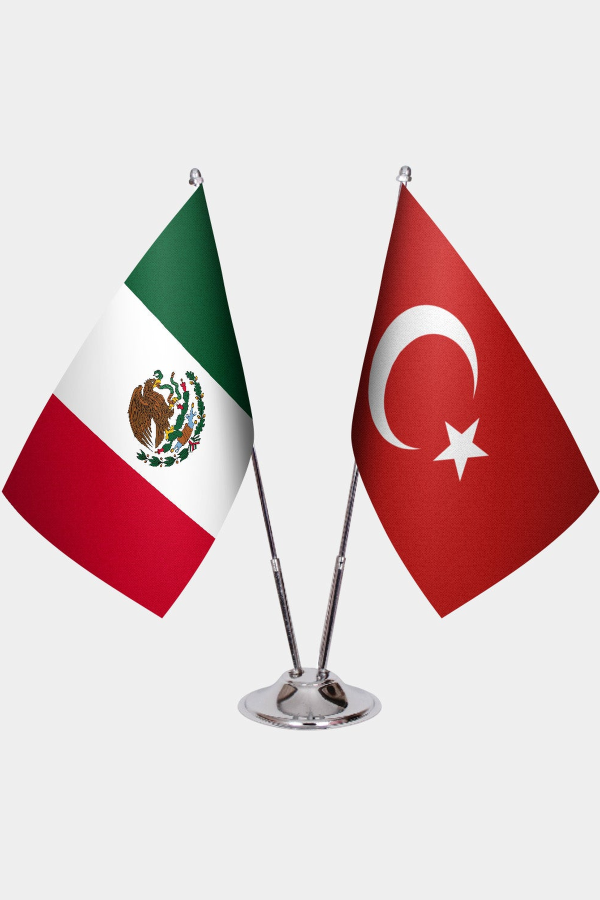 Mexico and Türkiye dual desk flag set with chrome silver pedestal, satin office table flag