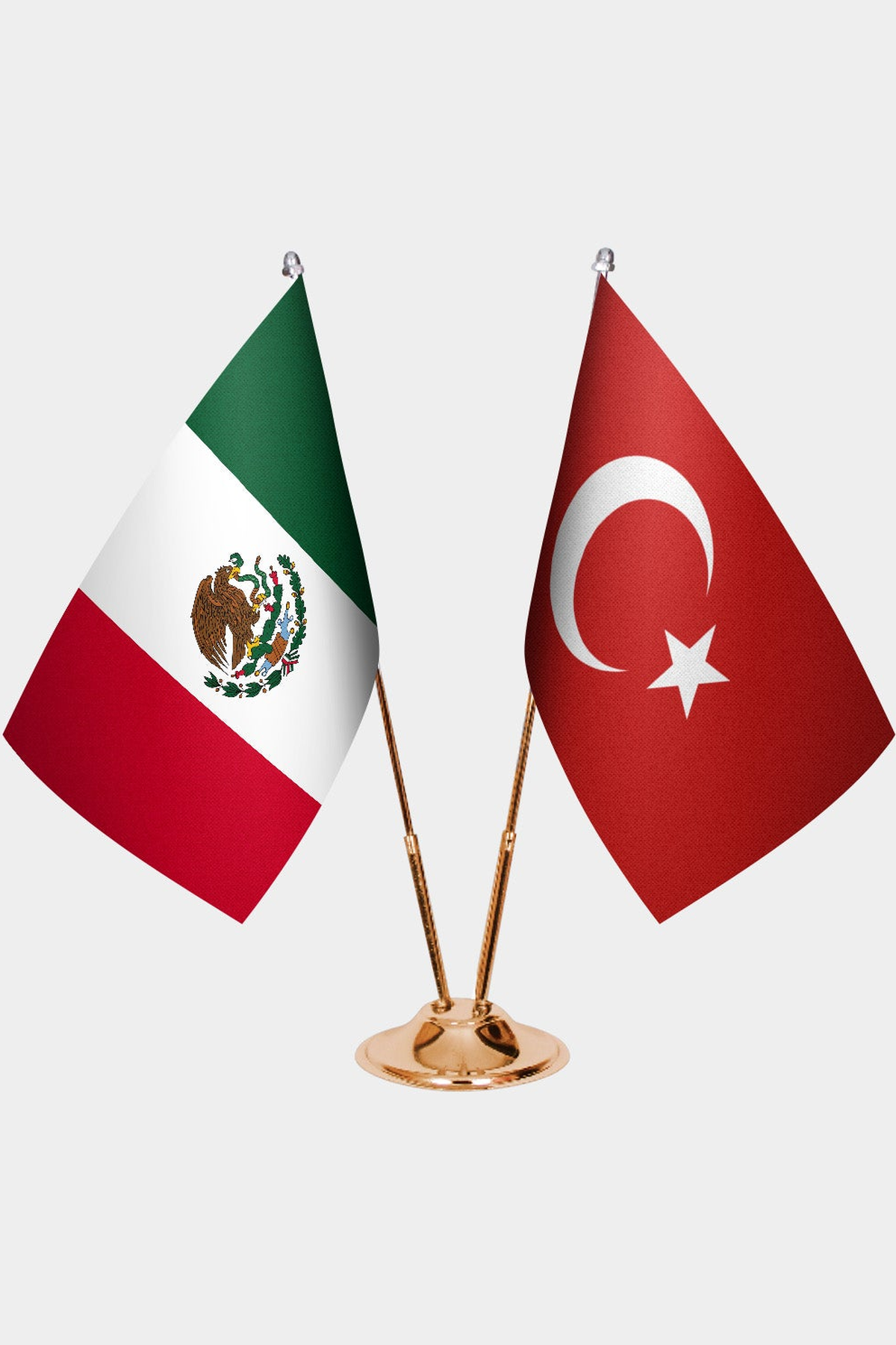 Mexico and Türkiye dual desk flag set with gold pedestal, satin office table flag