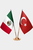 Mexico and Türkiye dual desk flag set with gold pedestal, satin office table flag
