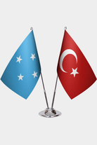 Micronesia and Türkiye dual desk flag set with chrome silver pedestal, satin office table flag