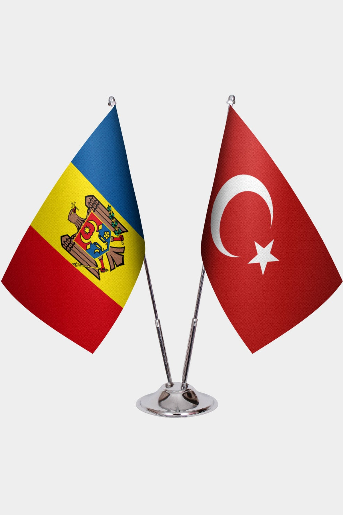 Moldova and Türkiye dual desk flag set with chrome silver pedestal, satin office table flag