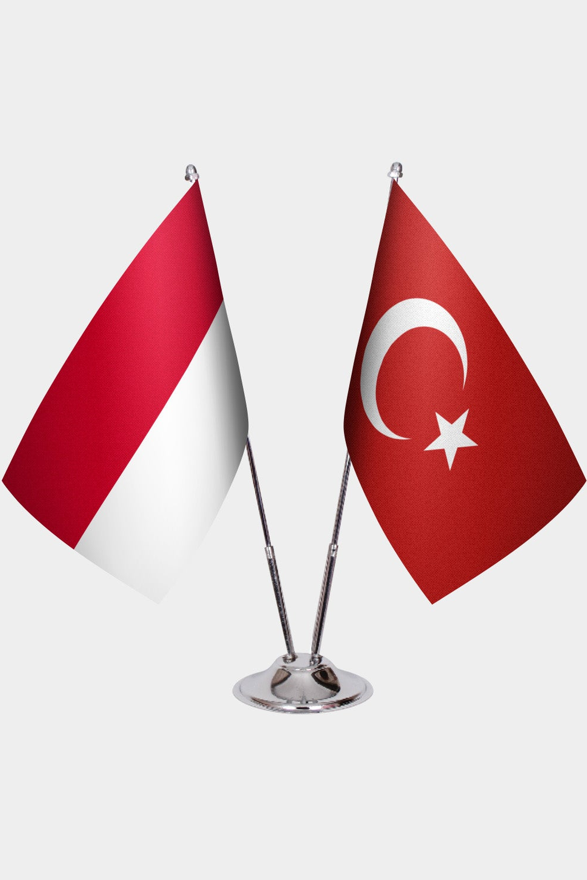 Monaco and Türkiye dual desk flag set with chrome silver pedestal, satin office table flag