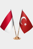 Monaco and Türkiye dual desk flag set with gold pedestal, satin office table flag