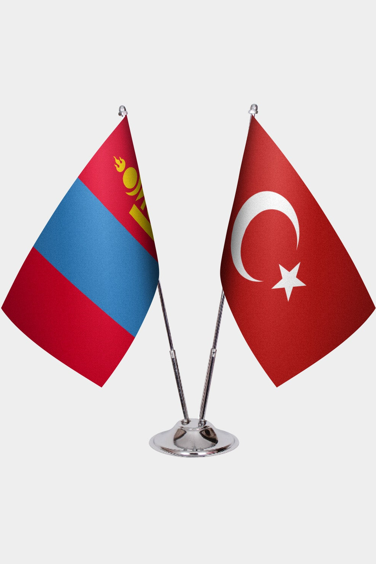 Mongolia and Türkiye dual desk flag set with chrome silver pedestal, satin office table flag