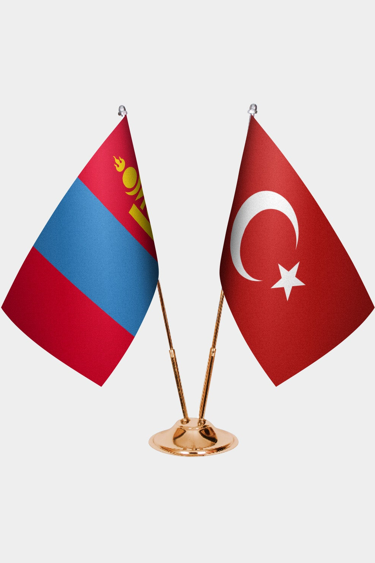 Mongolia and Türkiye dual desk flag set with gold pedestal, satin office table flag