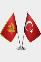 Montenegro and Türkiye dual desk flag set with chrome silver pedestal, satin office table flag