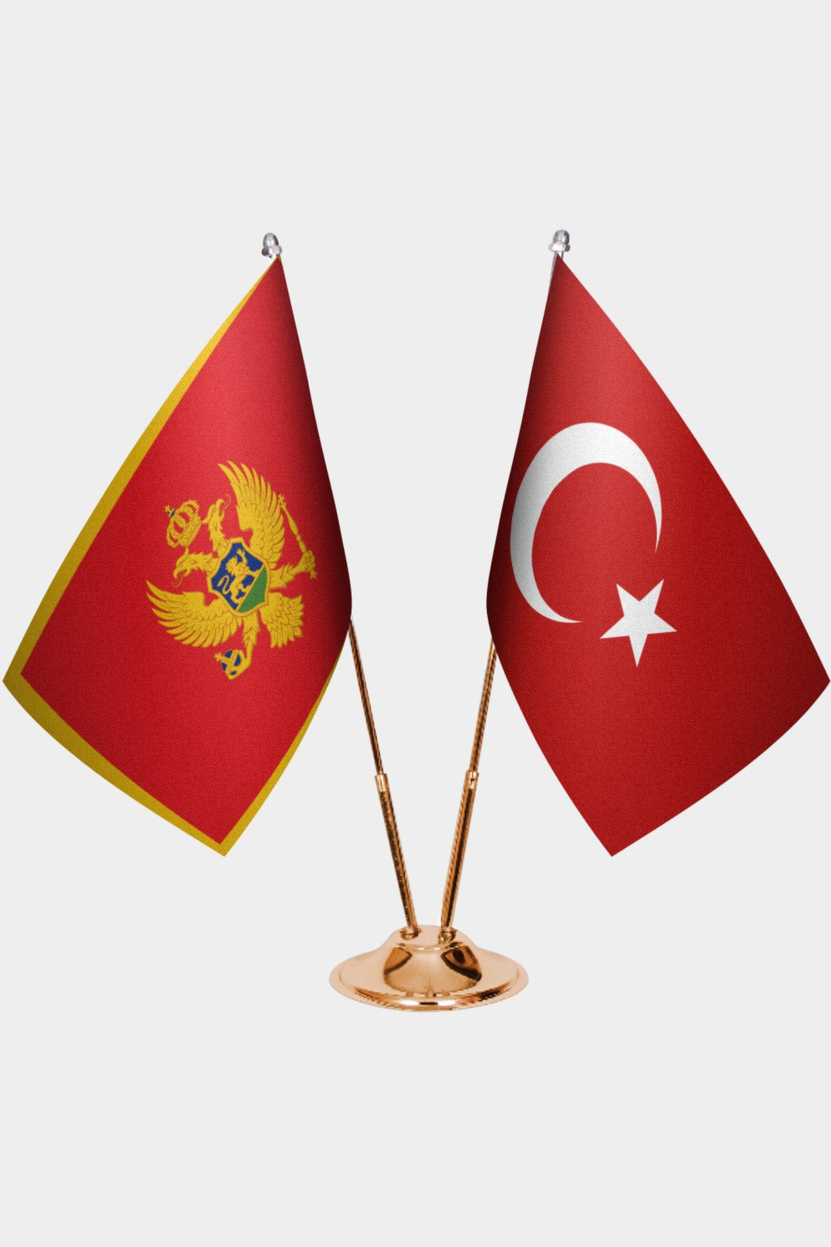 Montenegro and Türkiye dual desk flag set with gold pedestal, satin office table flag