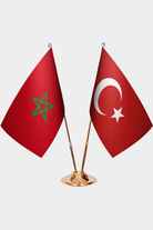 Morocco and Türkiye dual desk flag set with gold pedestal, satin office table flag