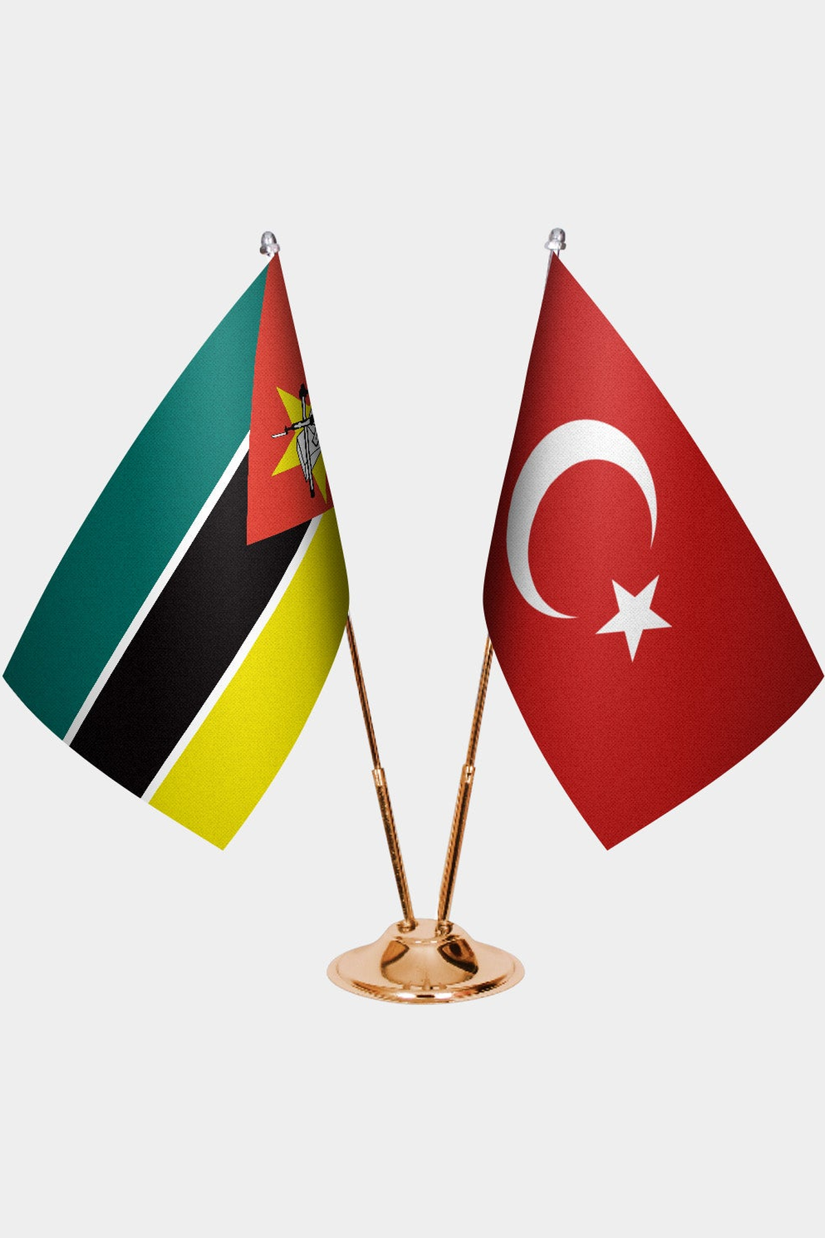 Mozambique and Türkiye dual desk flag set with gold pedestal, satin office table flag
