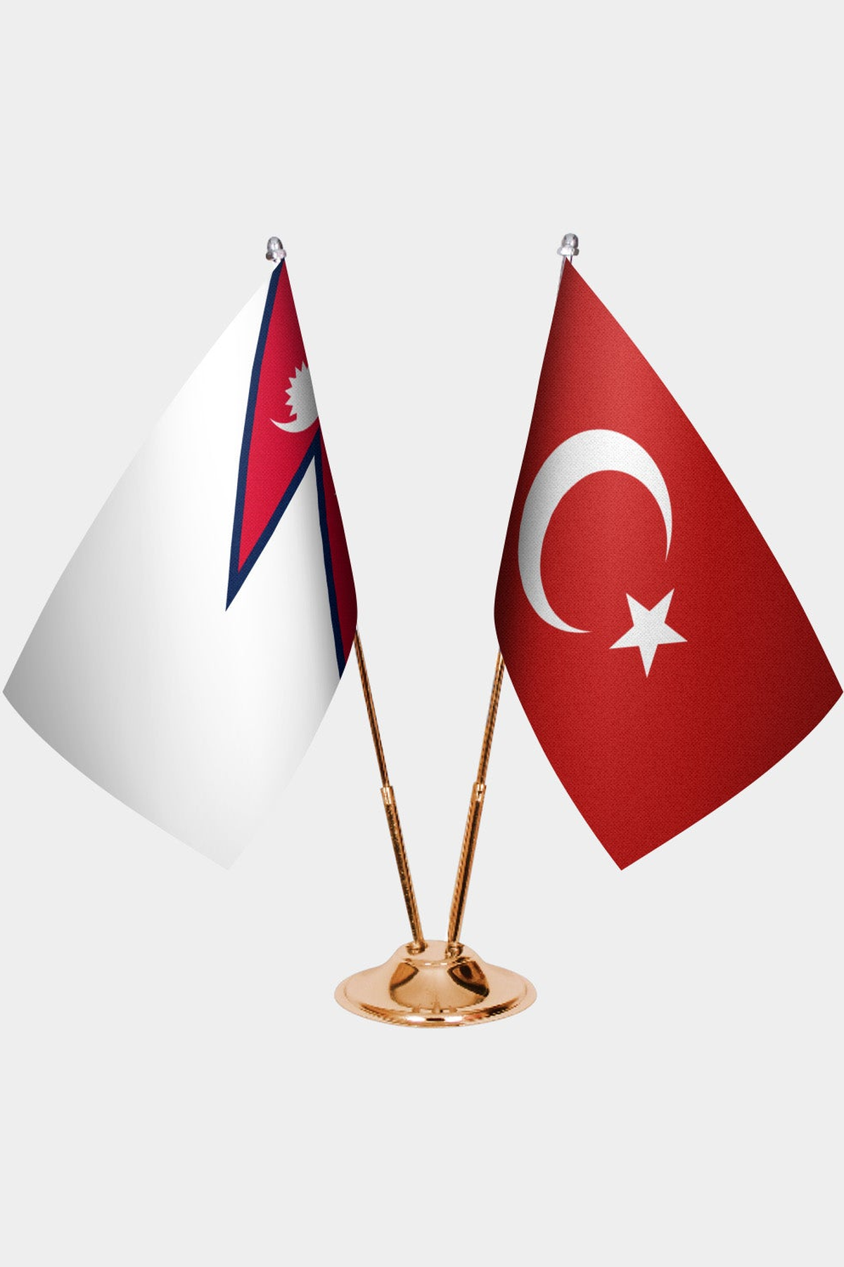 Nepal and Türkiye dual desk flag set with gold pedestal, satin office table flag