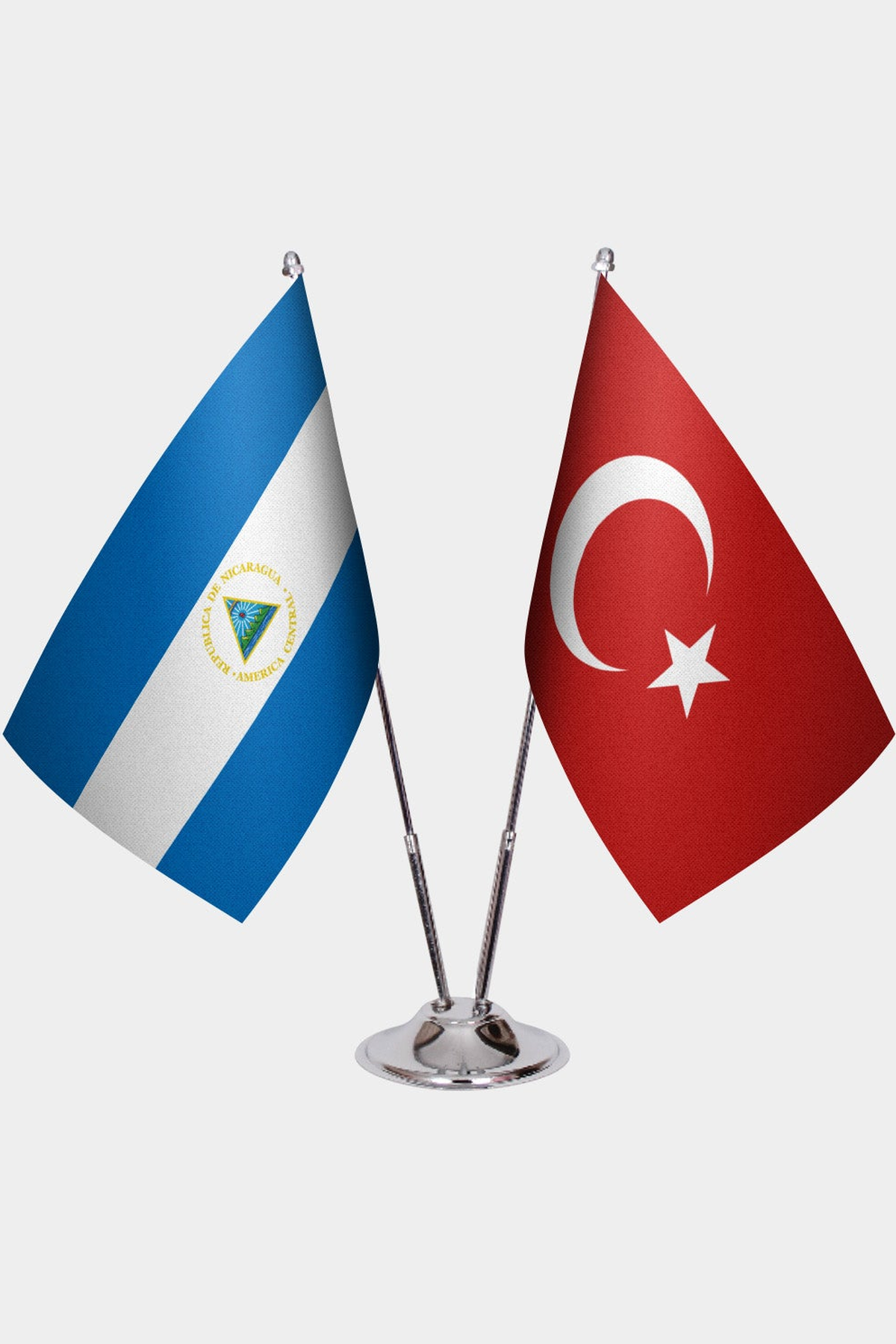 Nicaragua and Türkiye dual desk flag set with chrome silver pedestal, satin office table flag