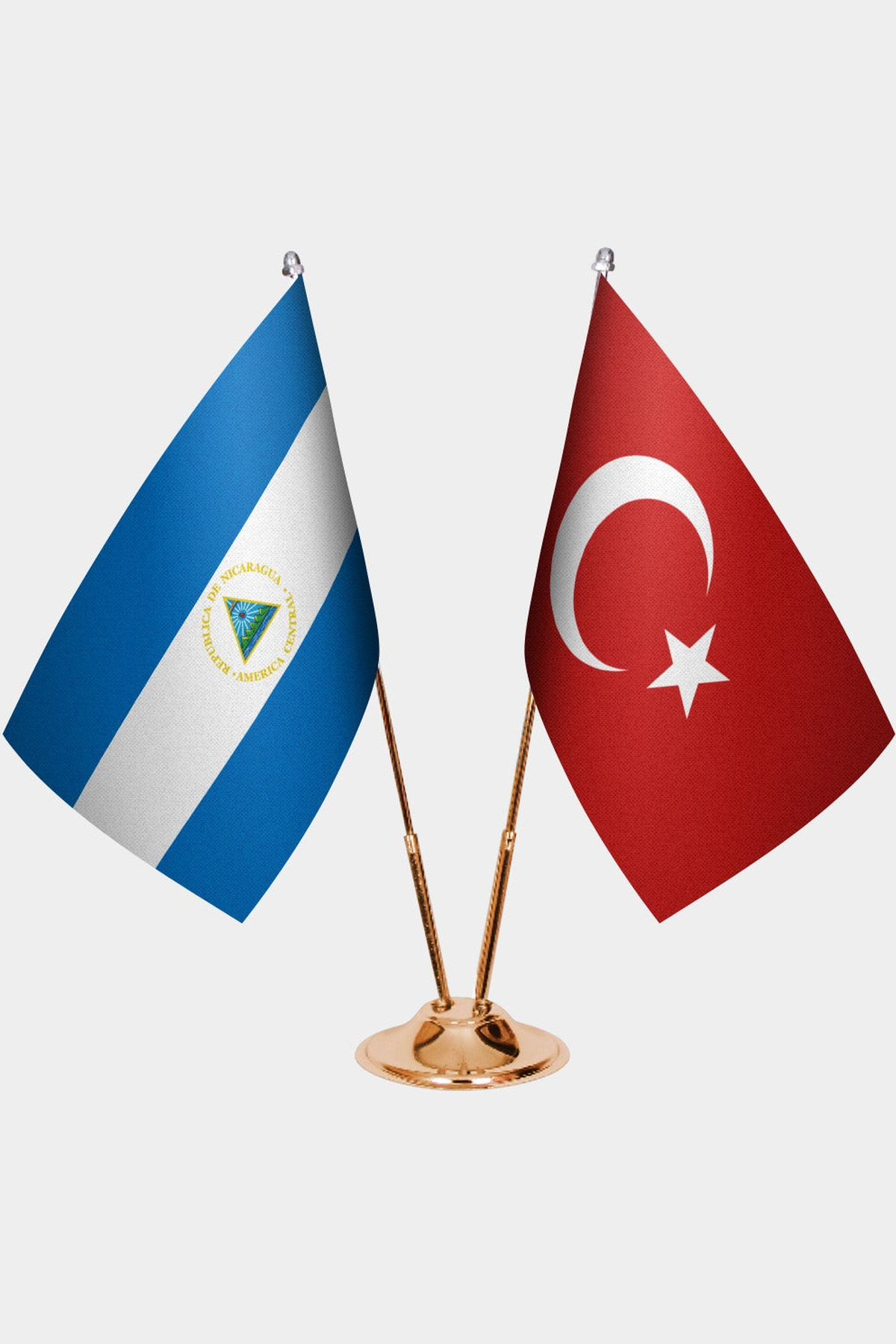 Nicaragua and Türkiye dual desk flag set with gold pedestal, satin office table flag