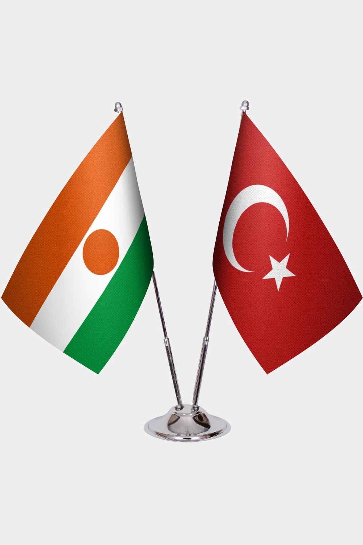 Niger and Türkiye dual desk flag set with chrome silver pedestal, satin office table flag