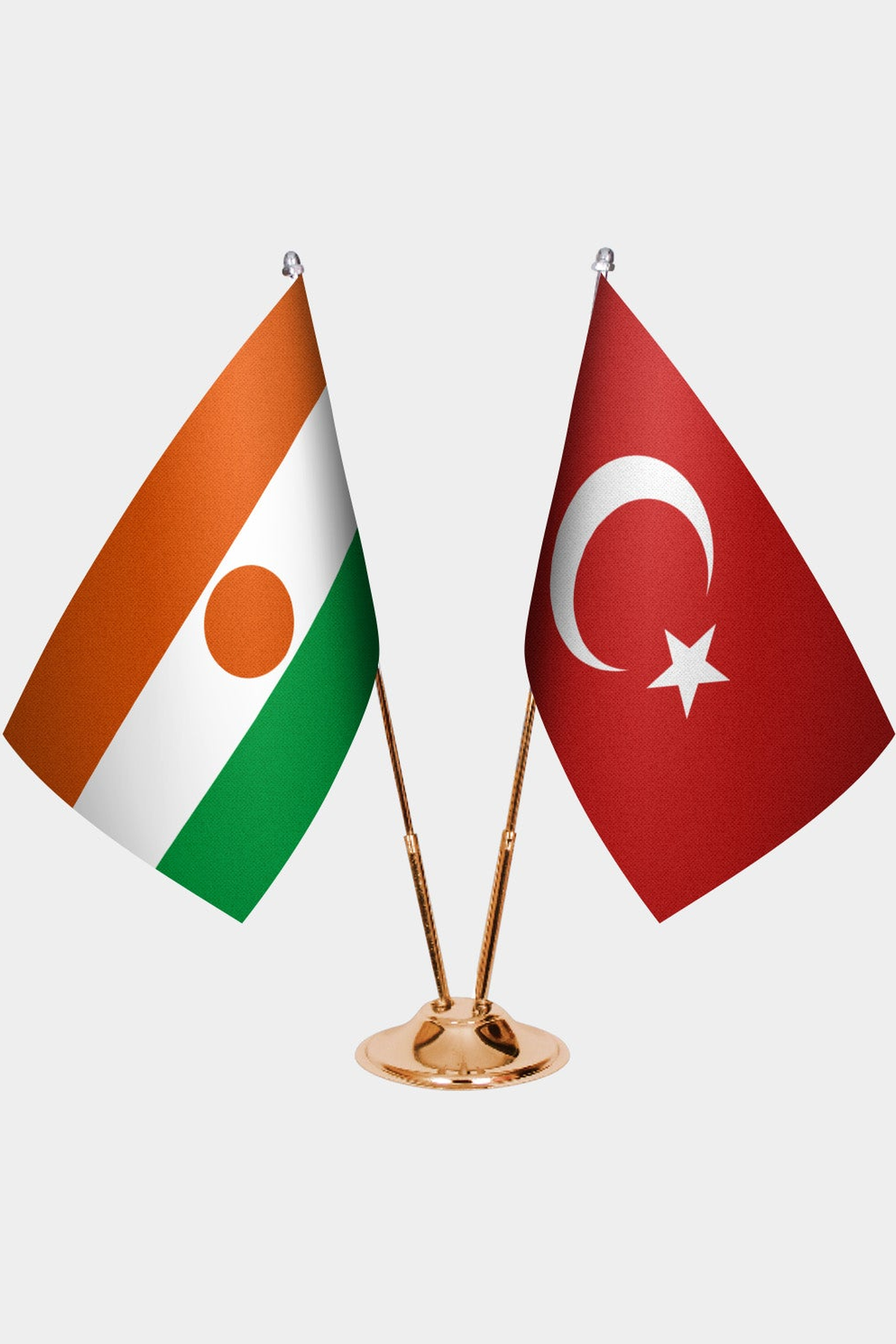 Niger and Türkiye dual desk flag set with gold pedestal, satin office table flag