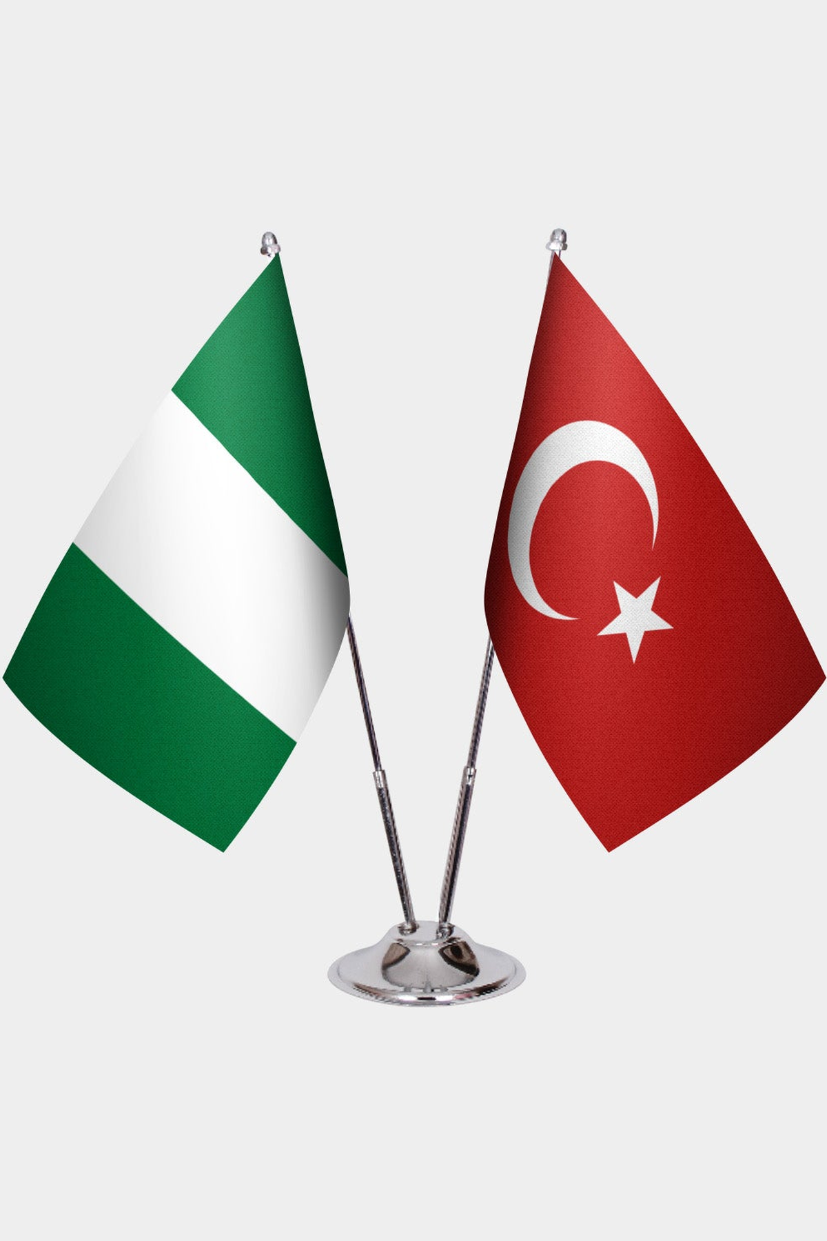 Nigeria and Türkiye dual desk flag set with chrome silver pedestal, satin office table flag