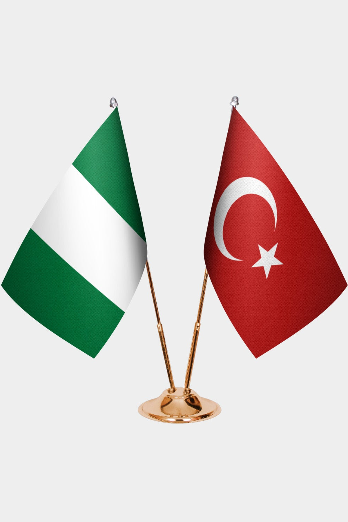 Nigeria and Türkiye dual desk flag set with gold pedestal, satin office table flag