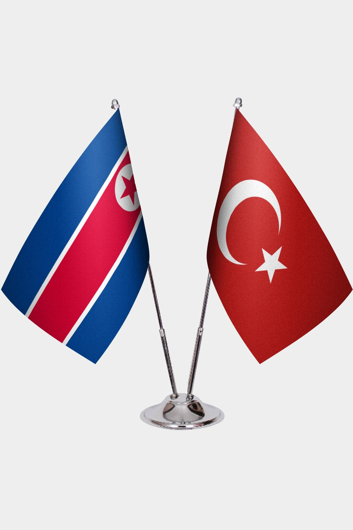 North Korea and Türkiye dual desk flag set with chrome silver pedestal, satin office table flag
