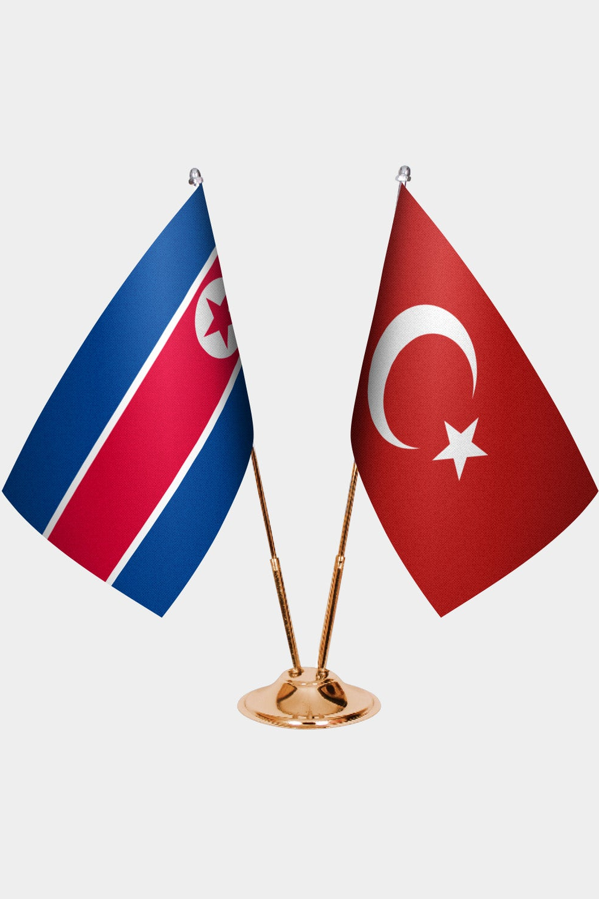 North Korea and Türkiye dual desk flag set with gold pedestal, satin office table flag