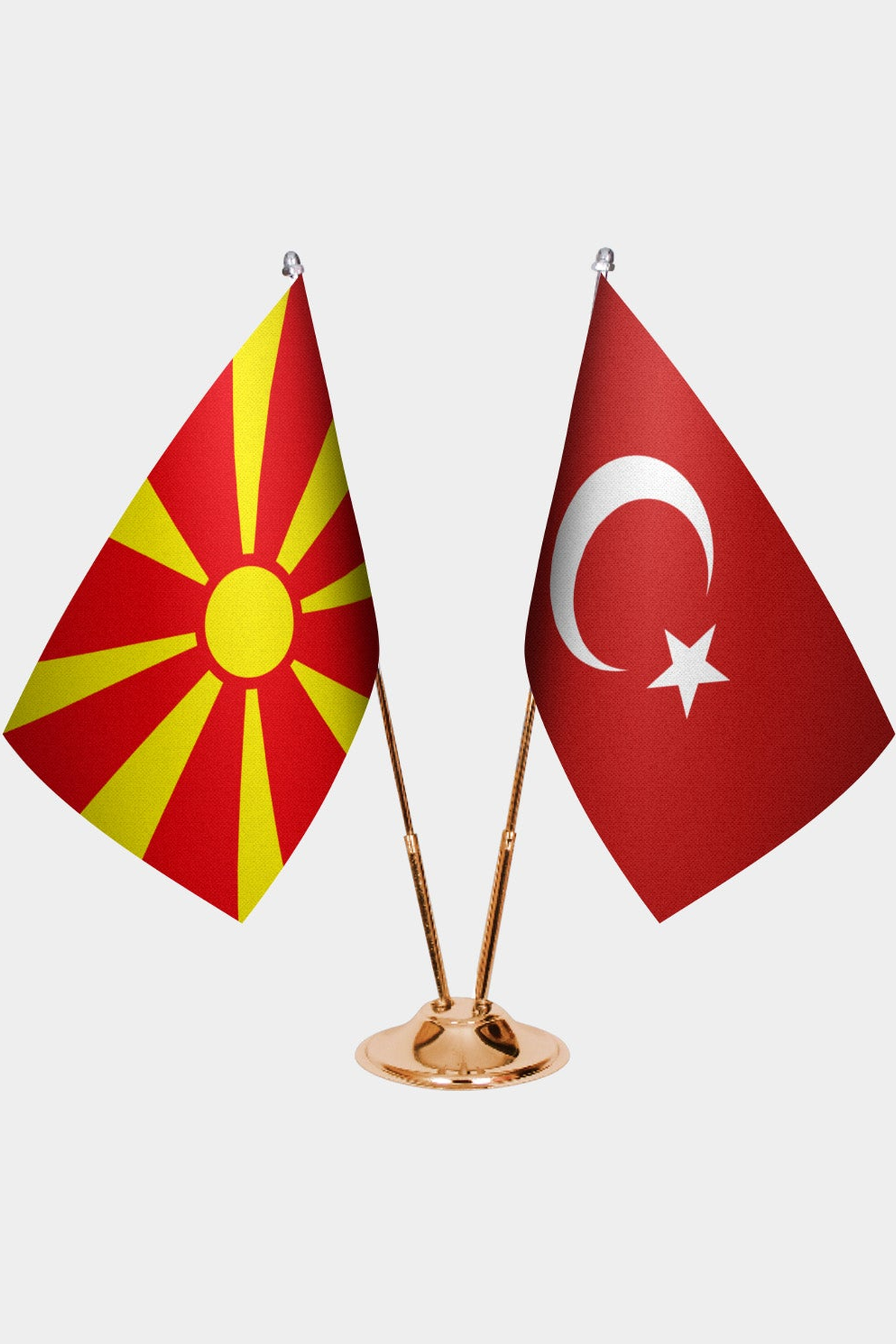 North Macedonia and Türkiye dual desk flag set with gold pedestal, satin office table flag