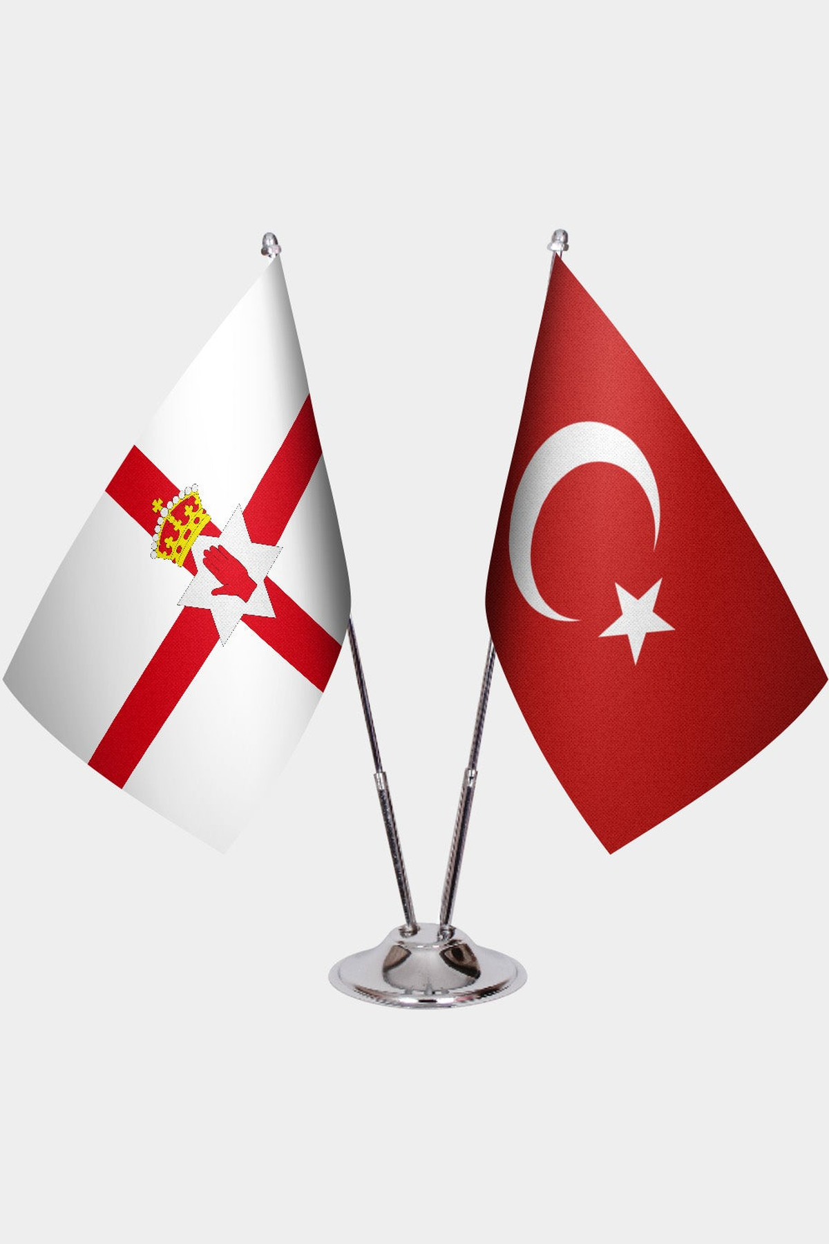 Northern Ireland and Türkiye dual desk flag set with chrome silver pedestal, satin office table flag