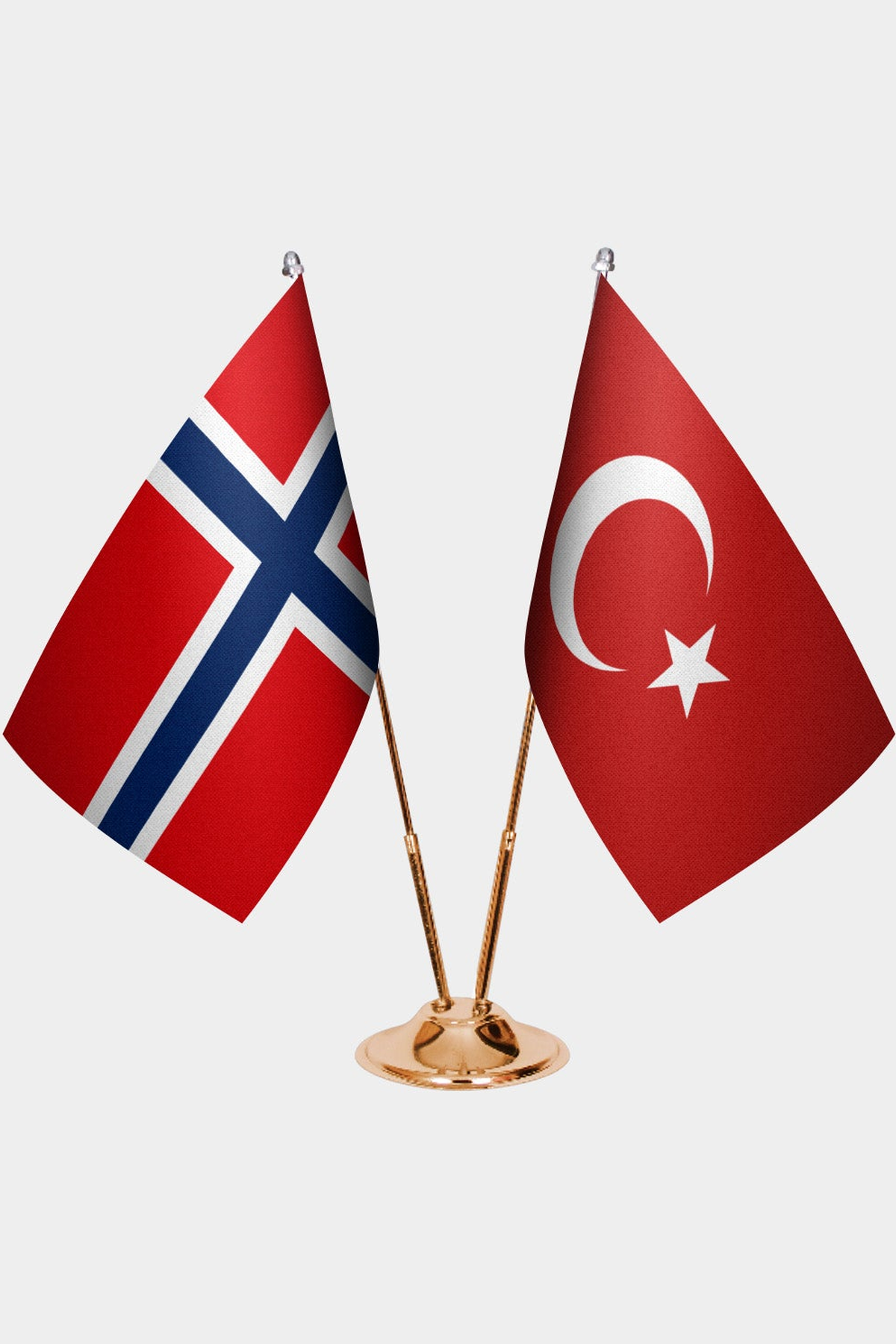 Norway and Türkiye dual desk flag set with gold pedestal, satin office table flag