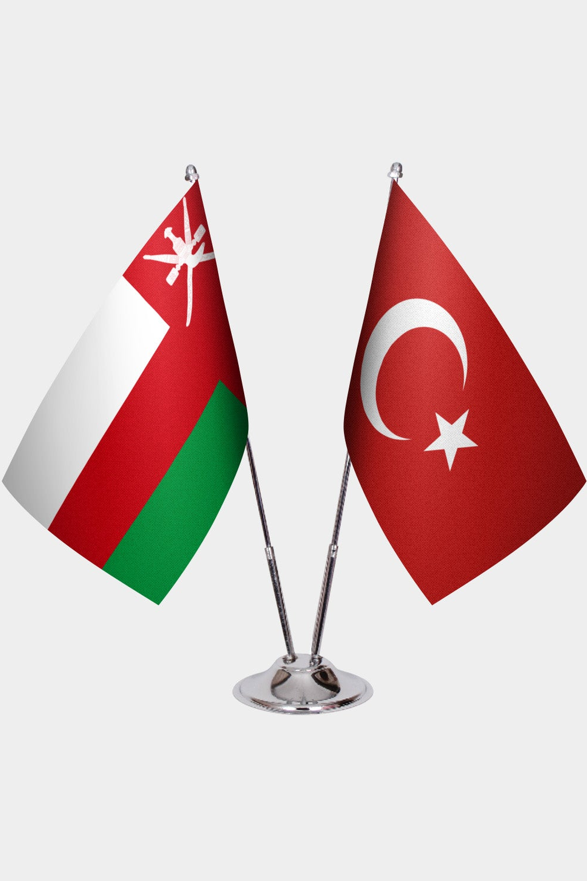 Oman and Türkiye dual desk flag set with chrome silver pedestal, satin office table flag