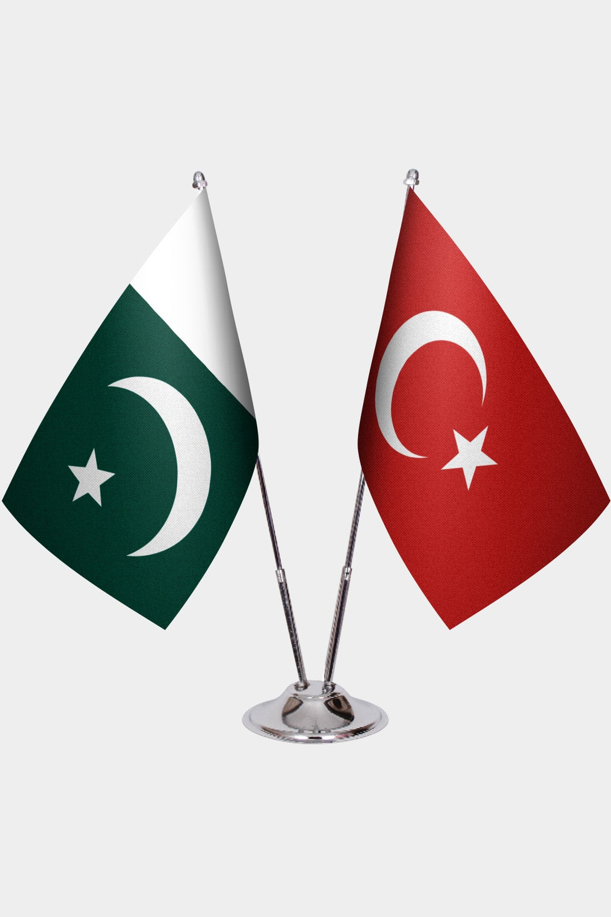 Pakistan and Türkiye dual desk flag set with chrome silver pedestal, satin office table flag
