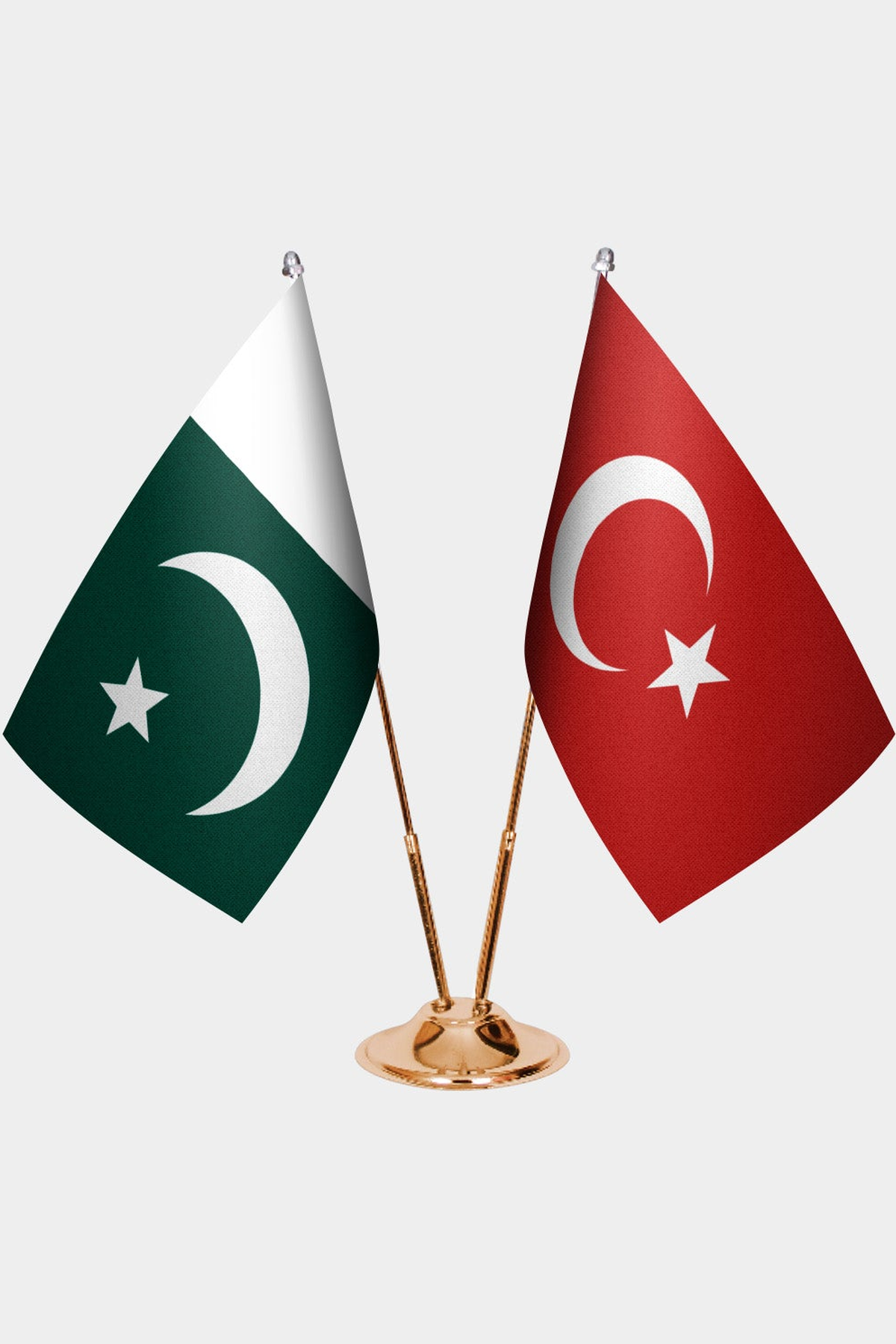 Pakistan and Türkiye dual desk flag set with gold pedestal, satin office table flag