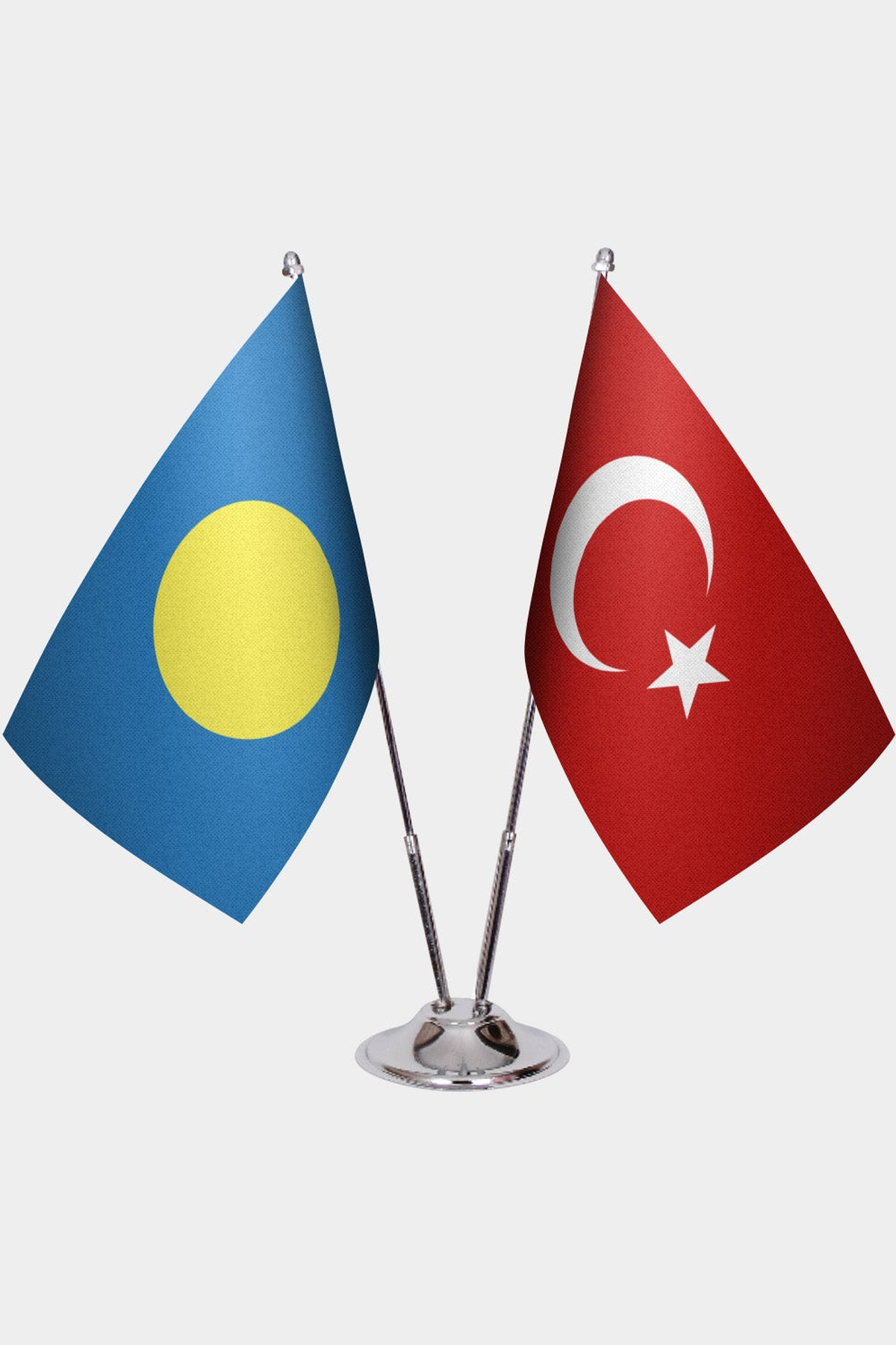 Palau and Türkiye dual desk flag set with chrome silver pedestal, satin office table flag