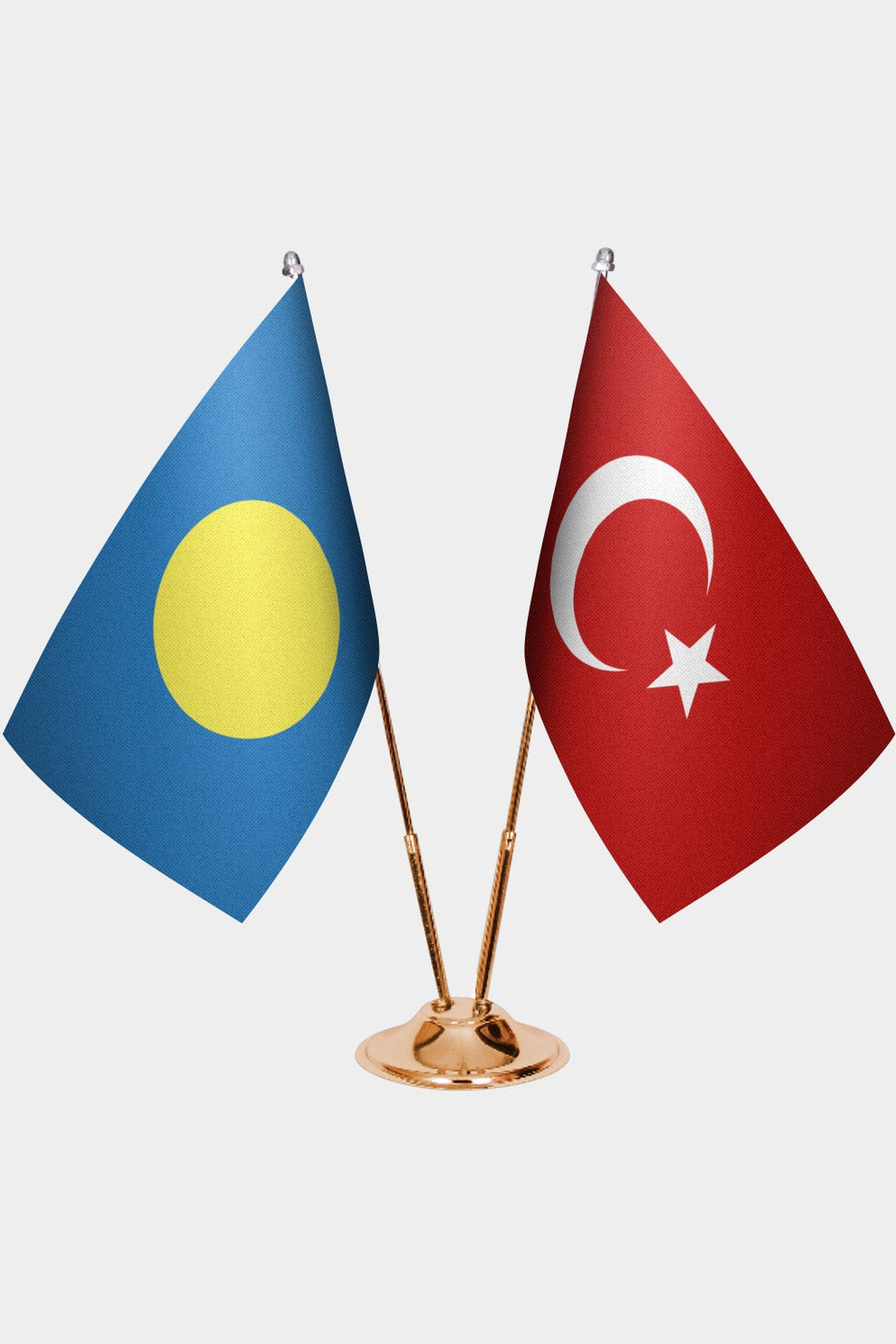 Palau and Türkiye dual desk flag set with gold pedestal, satin office table flag