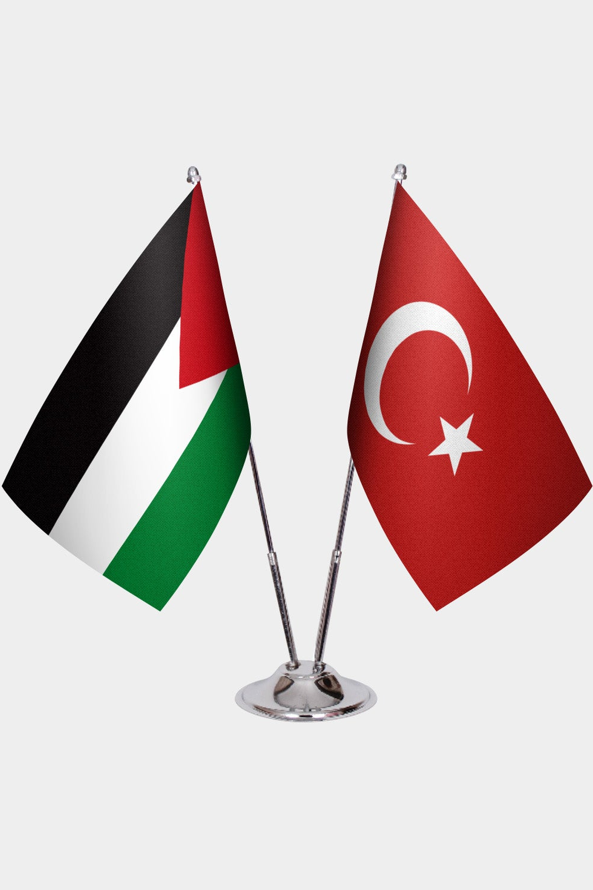 Palestine and Türkiye dual desk flag set with chrome silver pedestal, satin office table flag