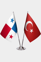 Panama and Türkiye dual desk flag set with chrome silver pedestal, satin office table flag