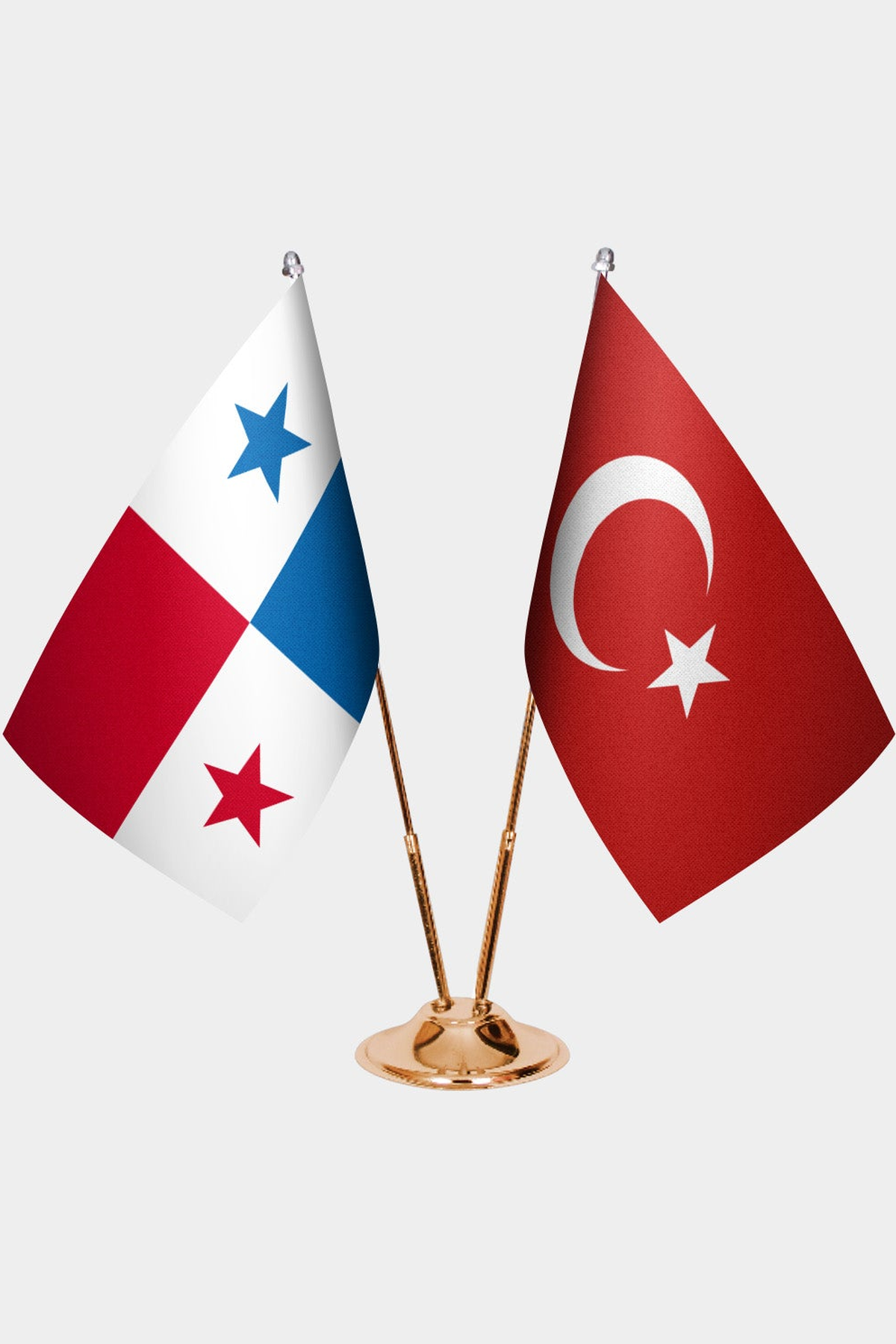 Panama and Türkiye dual desk flag set with gold pedestal, satin office table flag