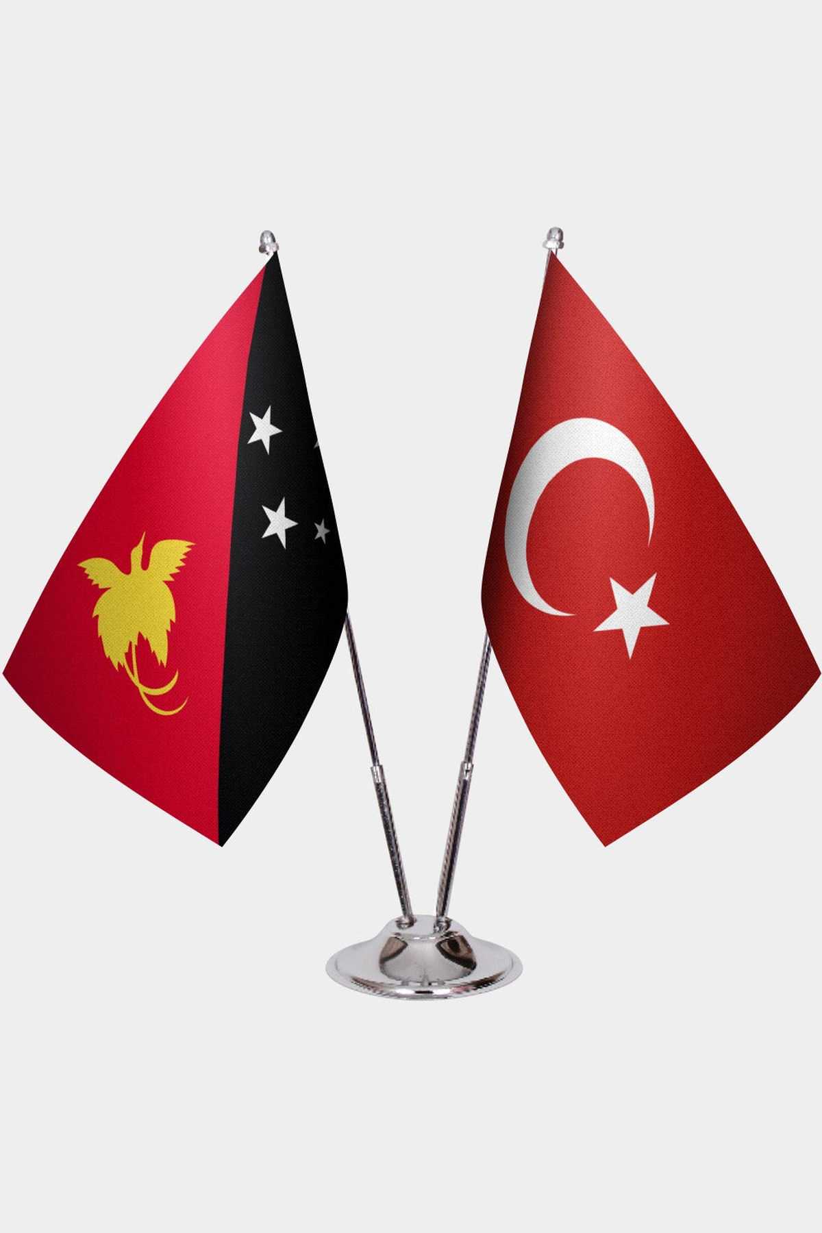 Papua New Guinea and Türkiye dual desk flag set with chrome silver pedestal, satin office table flag