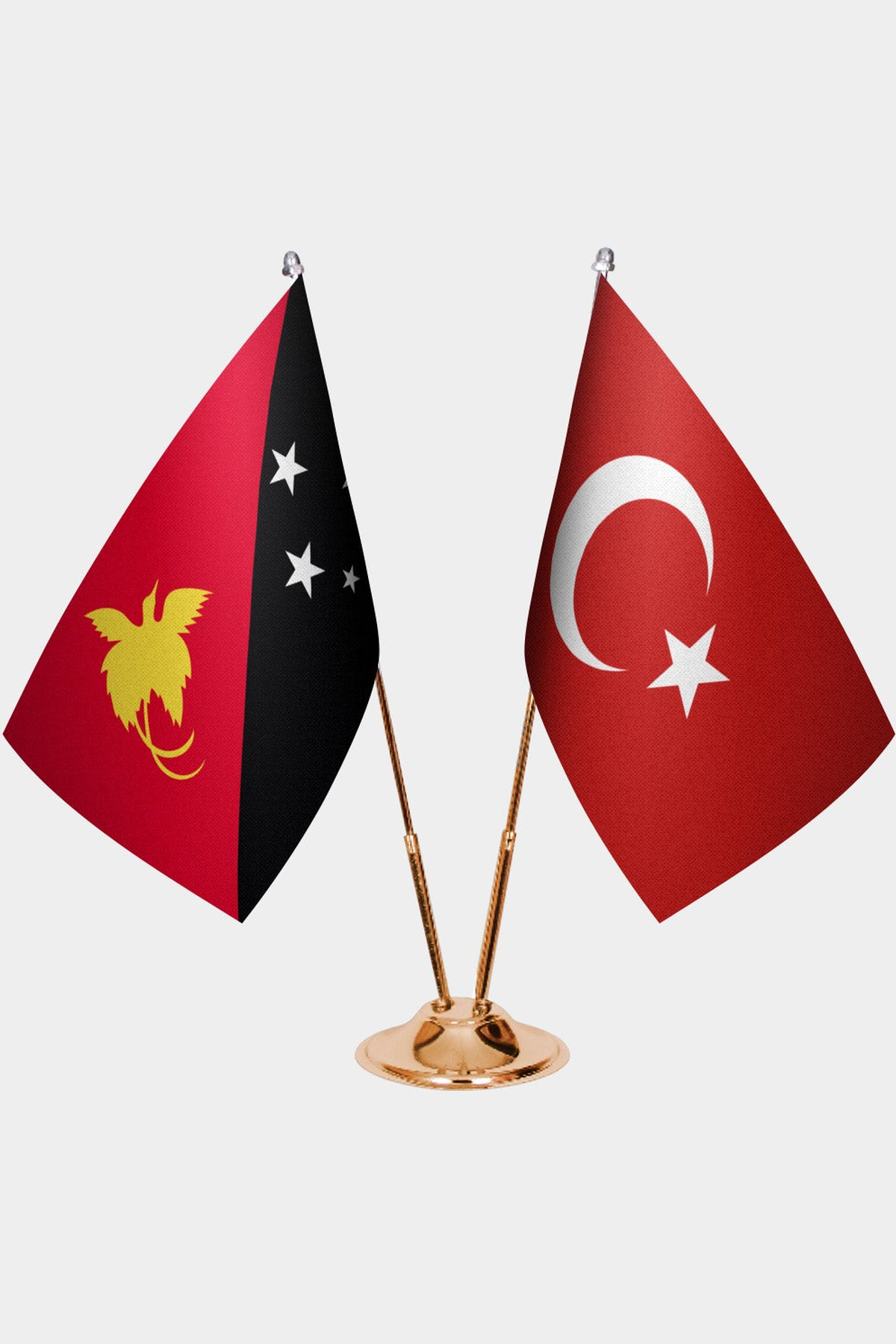 Papua New Guinea and Türkiye dual desk flag set with gold pedestal, satin office table flag