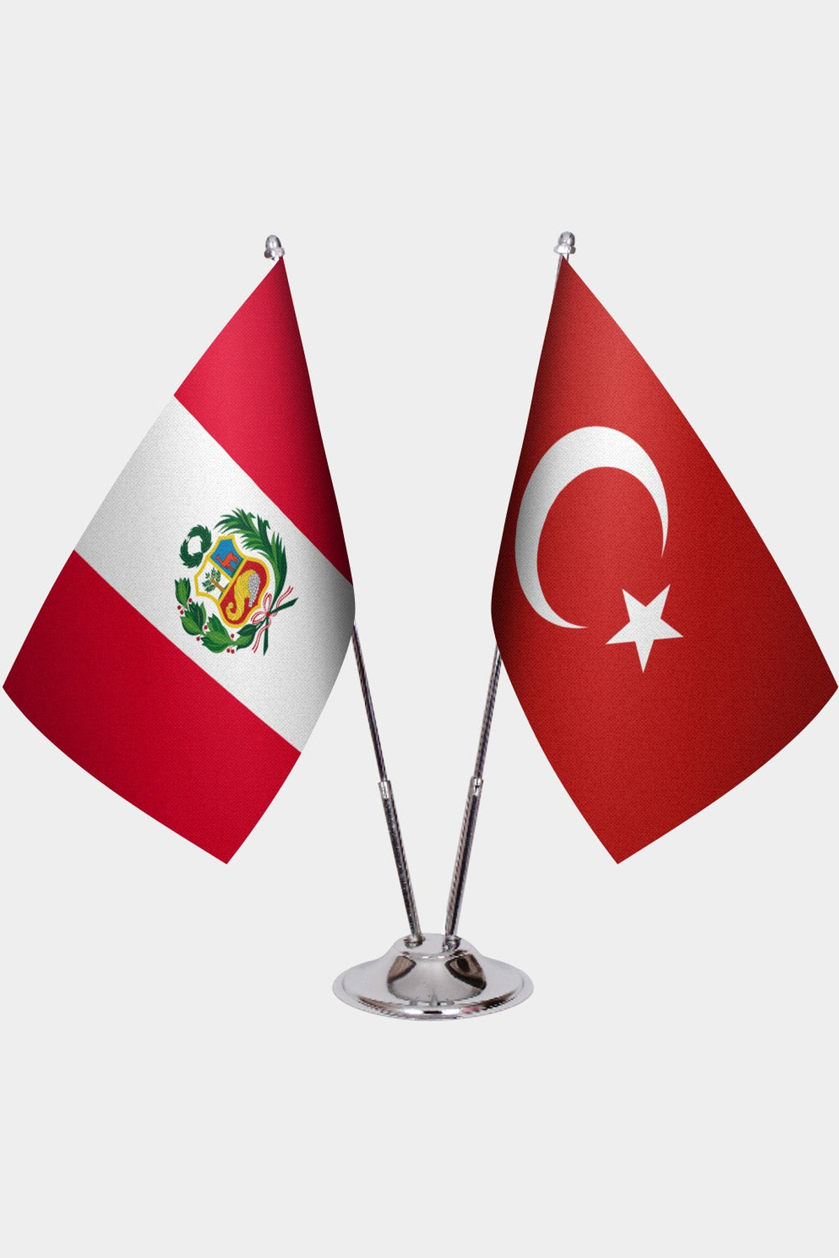 Peru and Türkiye dual desk flag set with chrome silver pedestal, satin office table flag