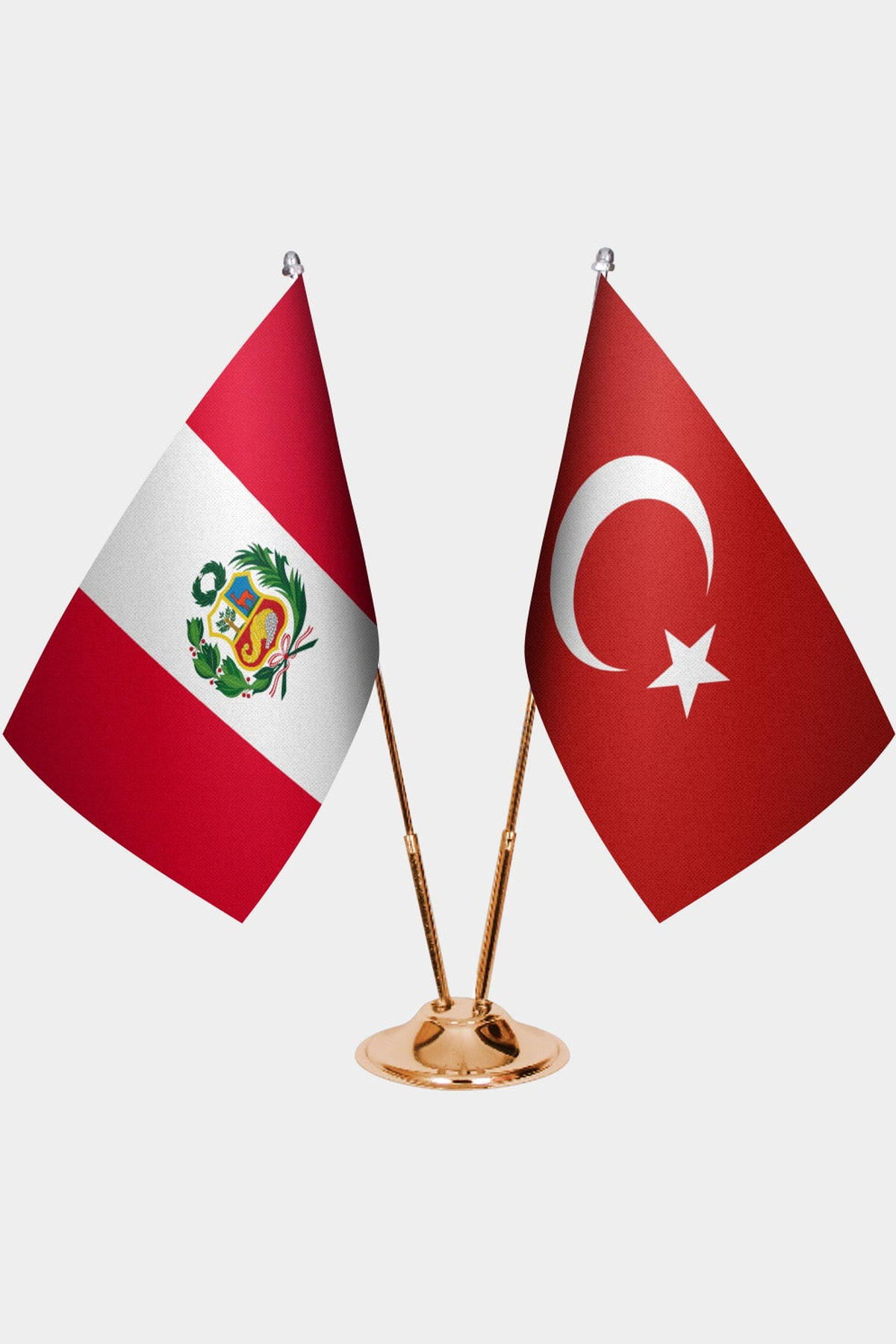 Peru and Türkiye dual desk flag set with gold pedestal, satin office table flag