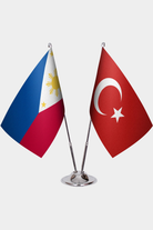 Philippines and Türkiye dual desk flag set with chrome silver pedestal, satin office table flag