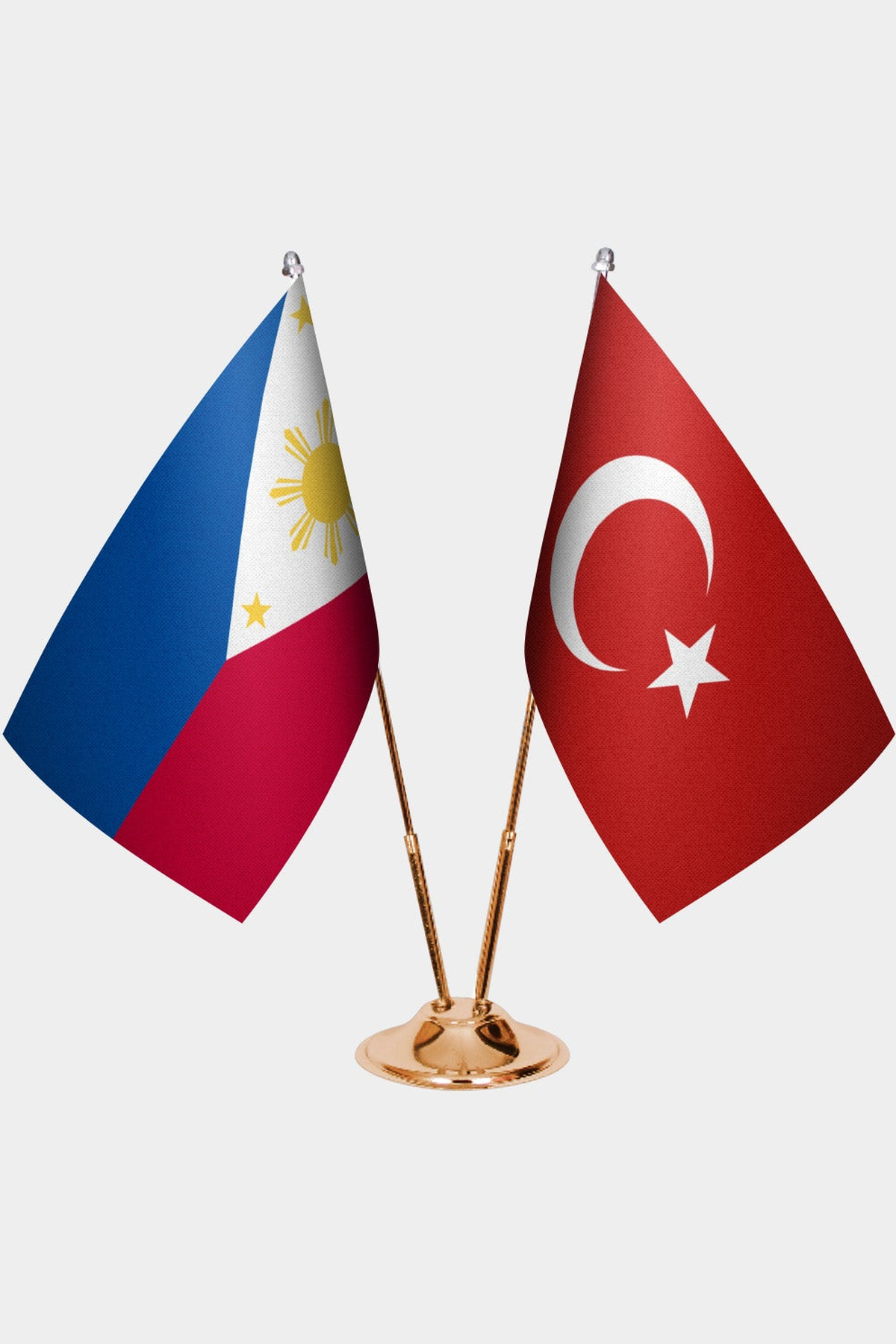 Philippines and Türkiye dual desk flag set with gold pedestal, satin office table flag