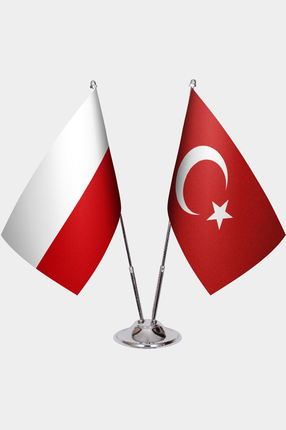 Poland and Türkiye dual desk flag set with chrome silver pedestal, satin office table flag